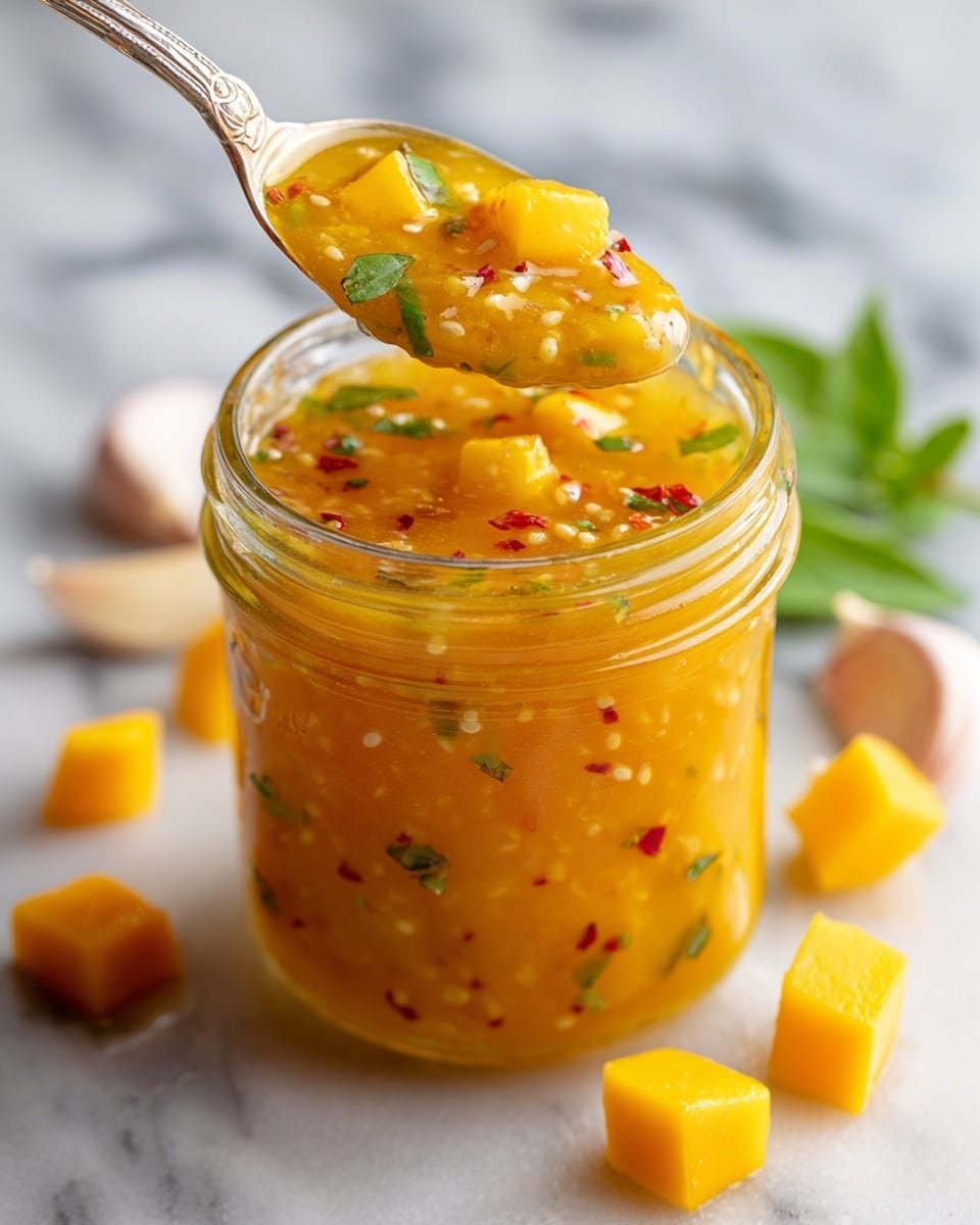 Mango Habanero Honey Garlic Sauce Recipe - Serving Photo — Mango Habanero Honey Garlic Sauce, Mango Habanero sauce, spicy garlic sauce, tropical sweet hot sauce, easy homemade hot sauce