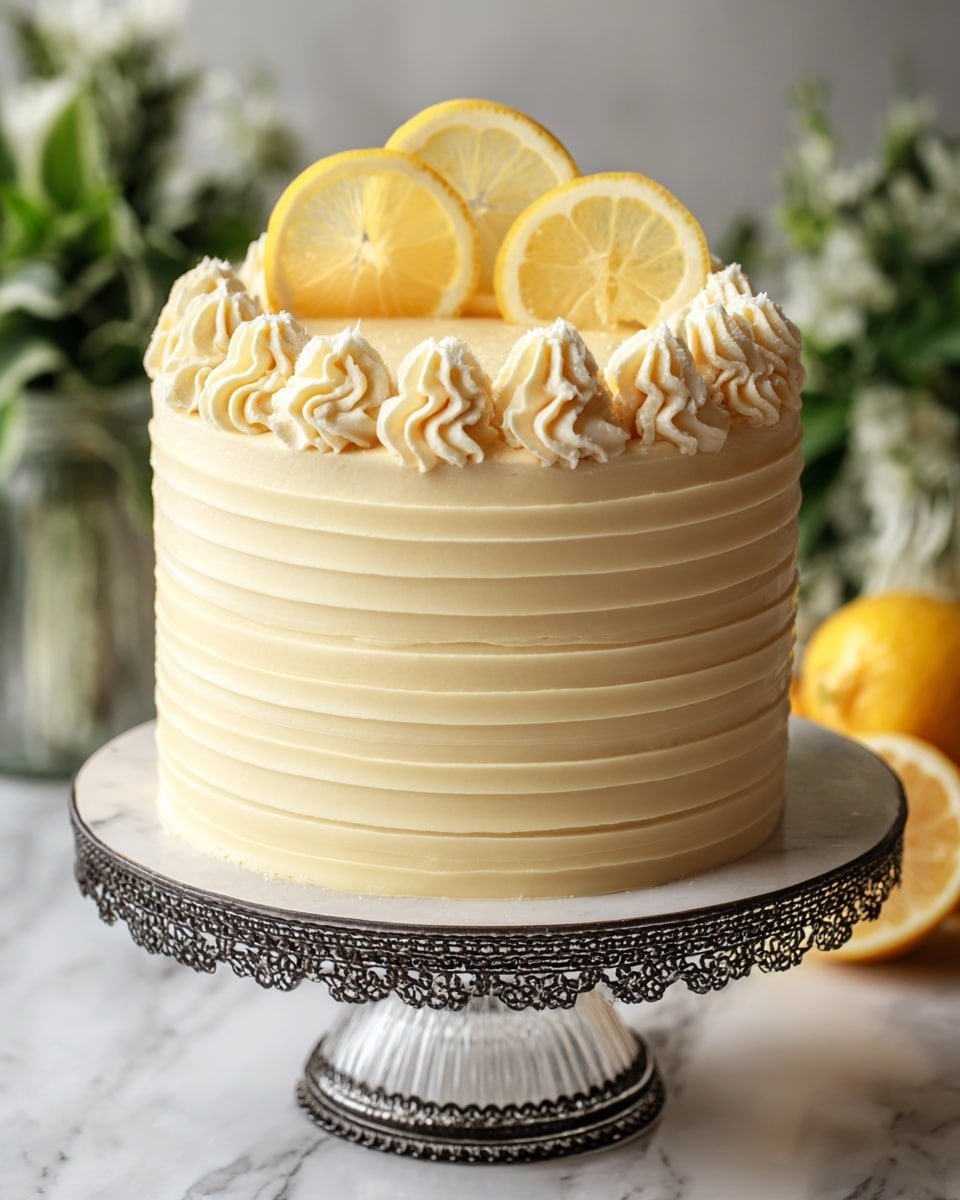 Creamy Lemon Cheesecake Cake Recipe - Serving Photo — Creamy Lemon Cheesecake Cake, lemon cheesecake dessert, citrus cheesecake recipe, layered lemon cake, no-bake cheesecake with lemon