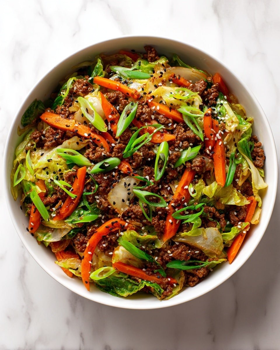 Chinese Ground Beef and Cabbage Stir Fry Recipe - Serving Photo — Chinese Ground Beef and Cabbage Stir Fry, easy Asian stir-fry, quick weeknight dinner, healthy ground beef recipes, savory cabbage stir fry