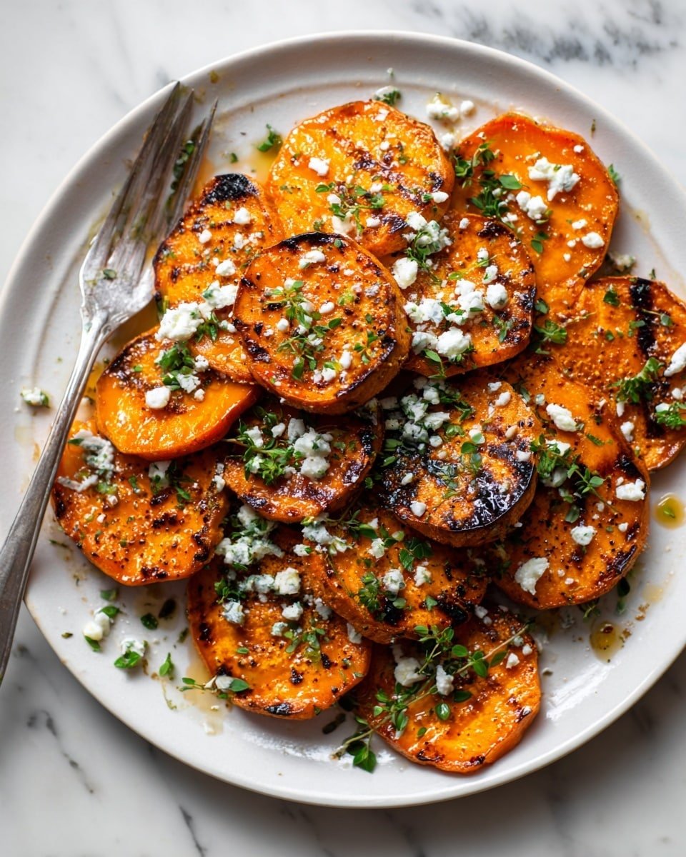 Honey Feta Sweet Potato Rounds Recipe - Serving Photo — Honey Feta Sweet Potato Rounds, sweet potato appetizer, roasted sweet potato snacks, feta cheese appetizer, honey-glazed sweet potatoes