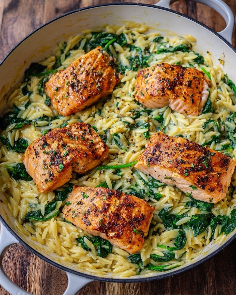 One Skillet Salmon with Lemon Orzo Recipe - Serving Photo — One Skillet Salmon with Lemon Orzo, lemon orzo salmon, easy salmon dinner, skillet salmon recipe, quick fish recipes