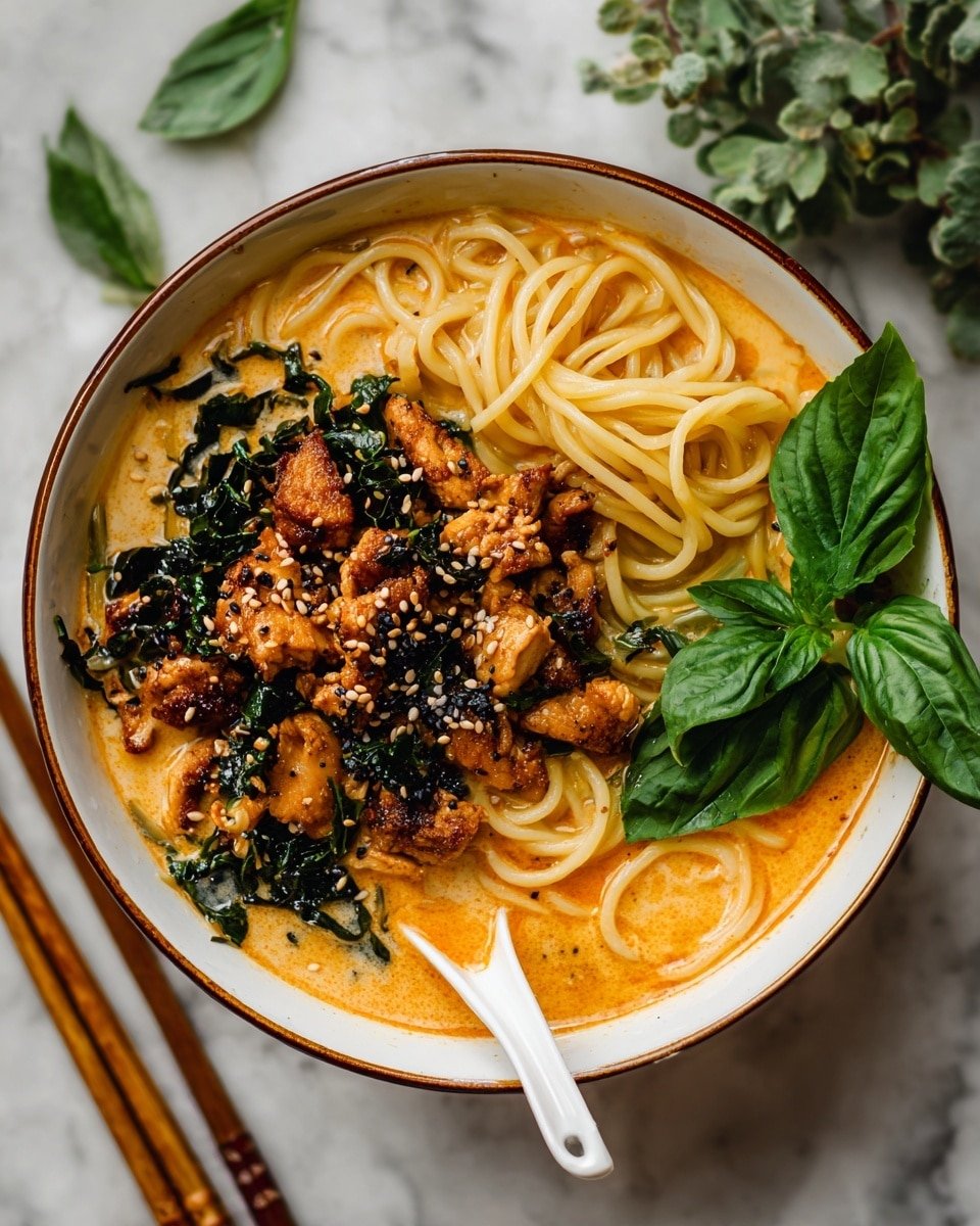 30 Minute Crispy Thai Peanut Chicken Ramen Recipe - Serving Photo — 30 Minute Crispy Thai Peanut Chicken Ramen, Thai peanut chicken ramen, quick Thai ramen recipe, easy crispy chicken noodle bowl, spicy peanut ramen