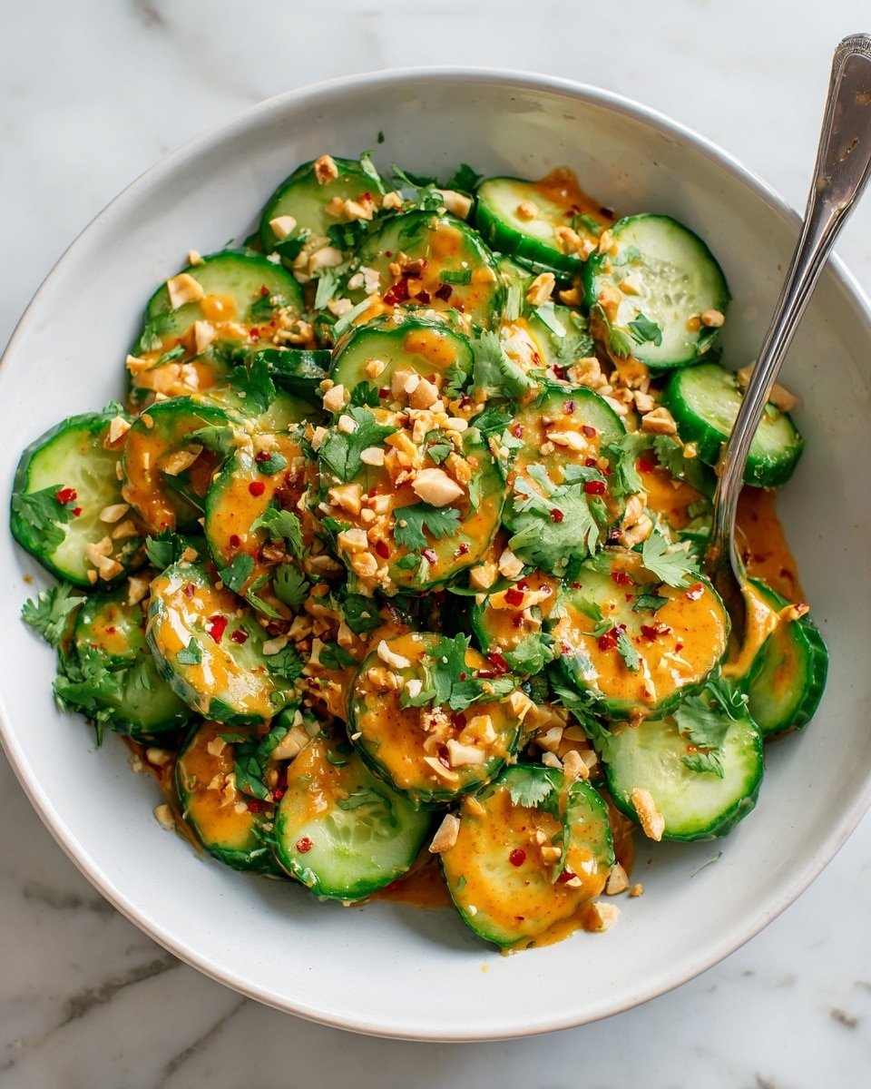 Cucumbers in Spicy Peanut Sauce Recipe - Recipe Image — Cucumbers in Spicy Peanut Sauce, spicy peanut cucumber salad, healthy cucumber side dish, easy cucumber salad recipe, crunchy refreshing cucumber dish