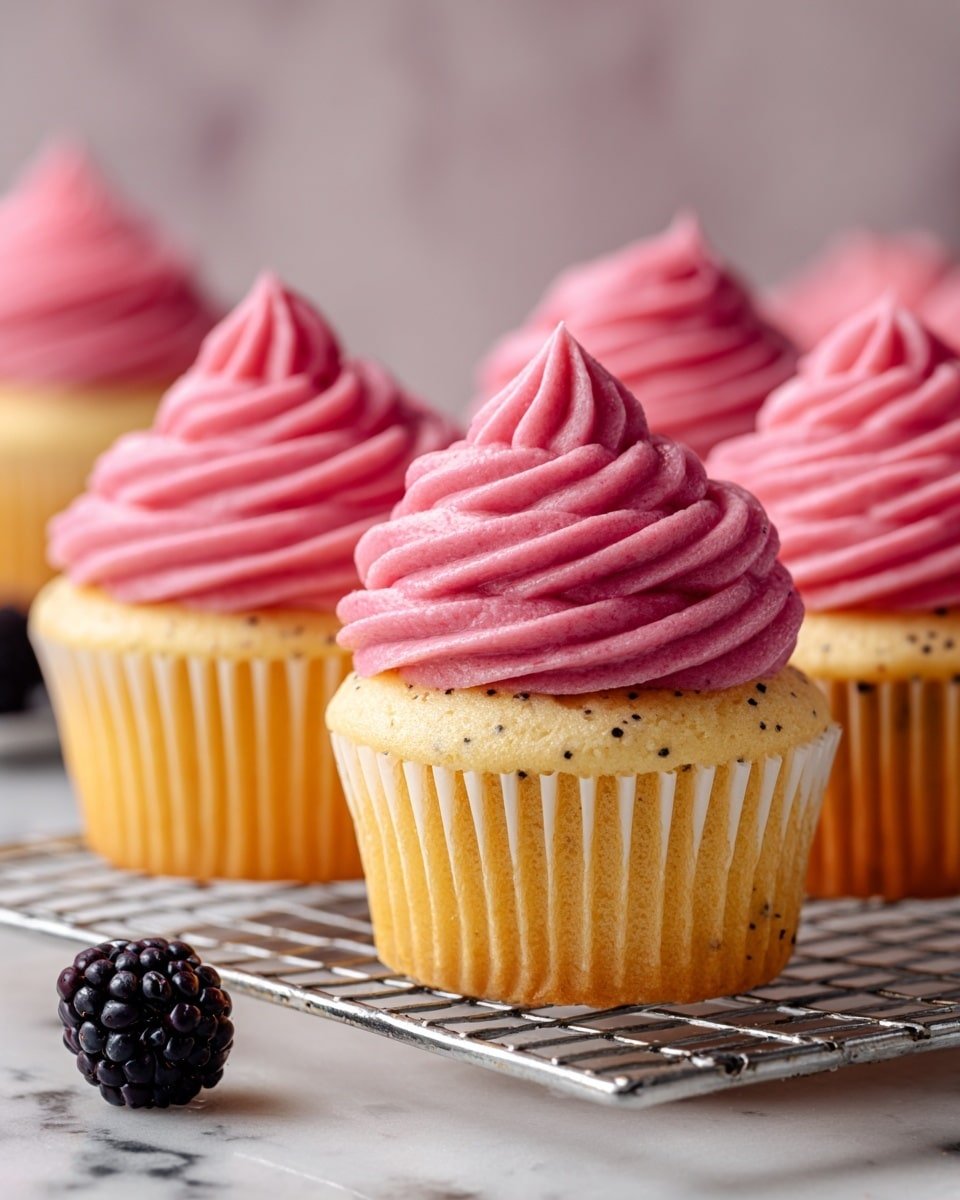 Lemon Poppy Seed Cupcakes with Blackberry Frosting Recipe - Serving Photo — Lemon Poppy Seed Cupcakes with Blackberry Frosting, lemon poppy seed cupcake recipes, blackberry frosting ideas, spring cupcakes with lemon and berries, citrus cupcake with fruit frosting