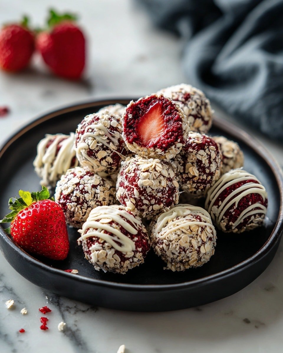 Strawberry Shortcake Energy Bites Recipe - Serving Photo — Strawberry Shortcake Energy Bites, healthy strawberry energy snacks, no-bake strawberry bites, easy energy bites recipes, fruity energy bites for kids