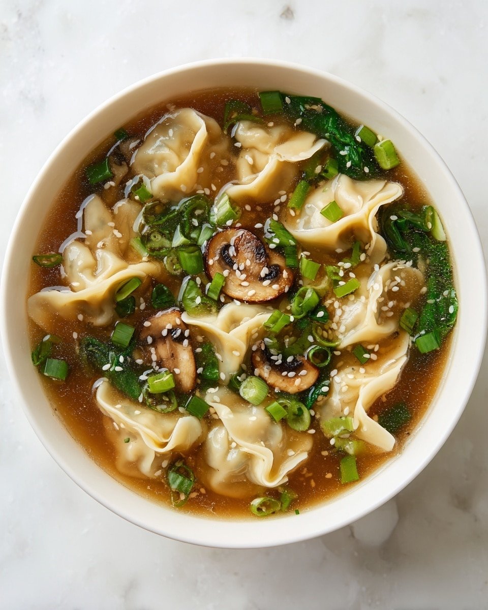 Hearty Potsticker Soup with Mushrooms & Bok Choy Recipe - Serving Photo — Hearty Potsticker Soup with Mushrooms & Bok Choy, potsticker soup recipe, comforting Asian soup, easy weeknight soup, mushroom and bok choy soup