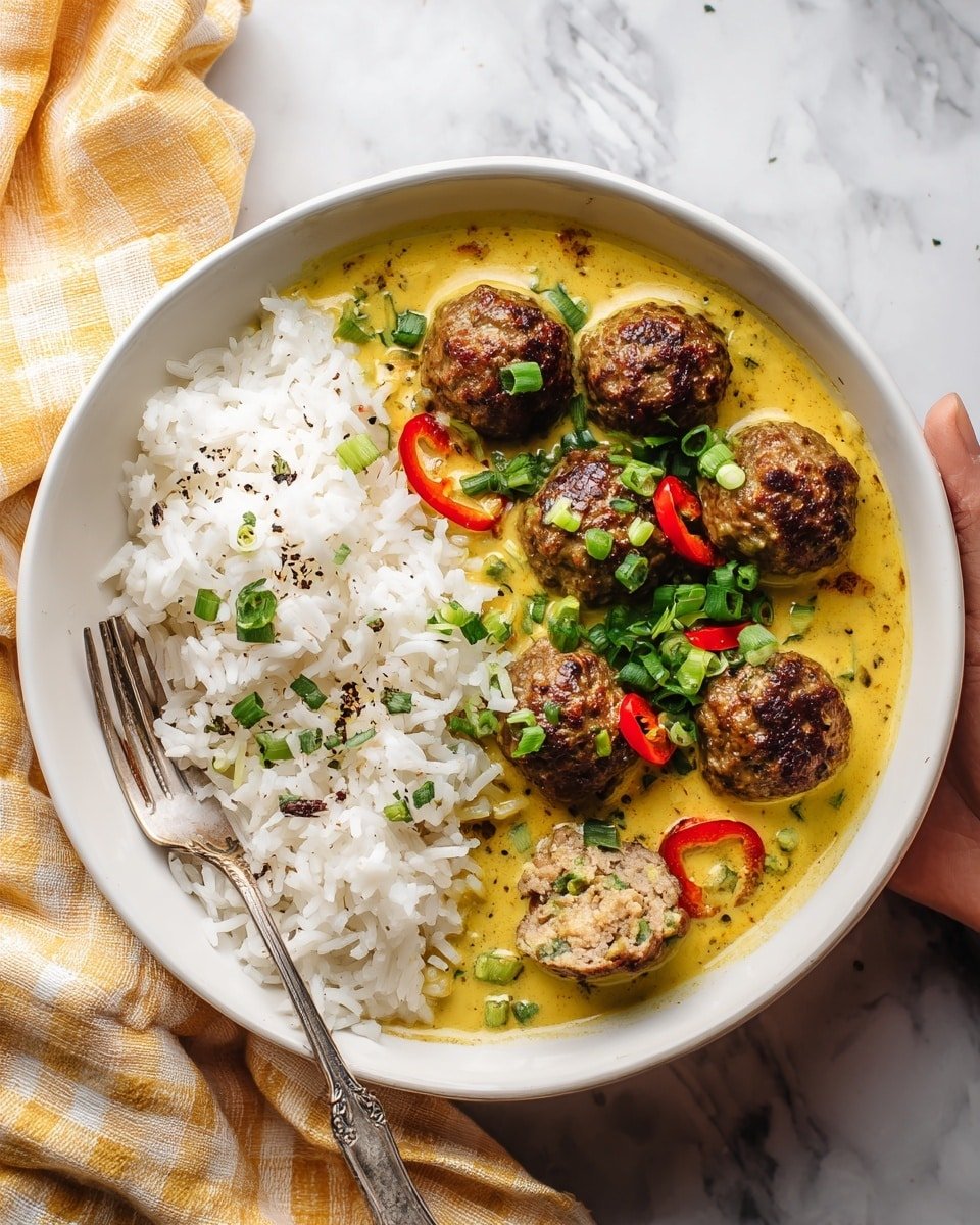 Jerk Meatballs in Coconut Curry Sauce Recipe - Serving Photo — Jerk Meatballs in Coconut Curry Sauce, Caribbean meatball recipes, spicy pork meatballs, coconut curry dish, bold flavor dinner ideas