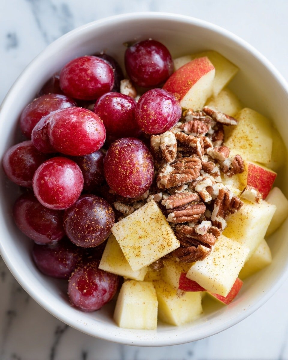 Cinnamon Apple Grape Salad Recipe - Serving Photo — Cinnamon Apple Grape Salad, fruit salad with cinnamon and apples, healthy fall salad, easy fruity summer side, crunchy fruit salad with honey cinnamon