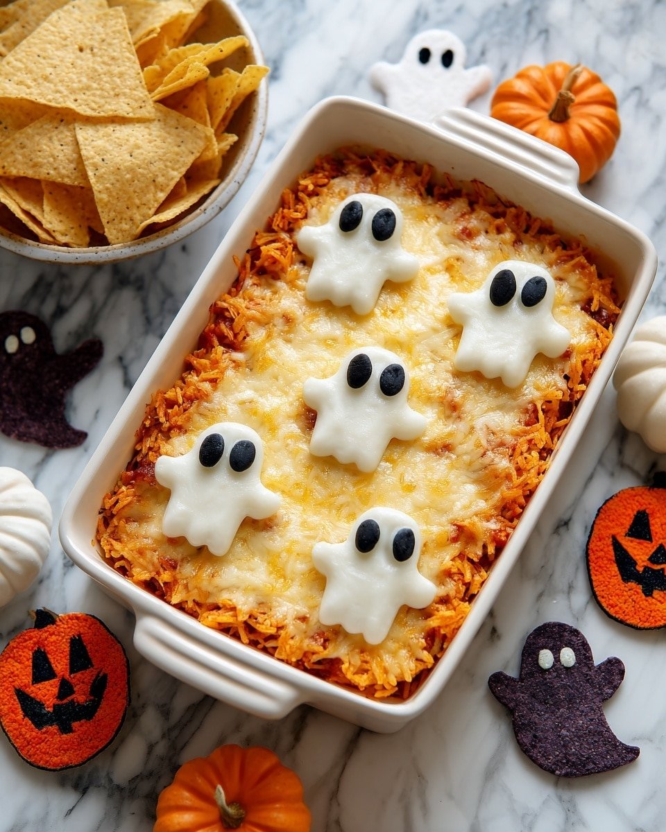Halloween Buffalo Chicken Dip (Booffalo Dip) Recipe - Serving Photo — Halloween Buffalo Chicken Dip, Booffalo Dip, spicy Halloween appetizer, cheesy buffalo chicken dip, ghost cheese Halloween dip