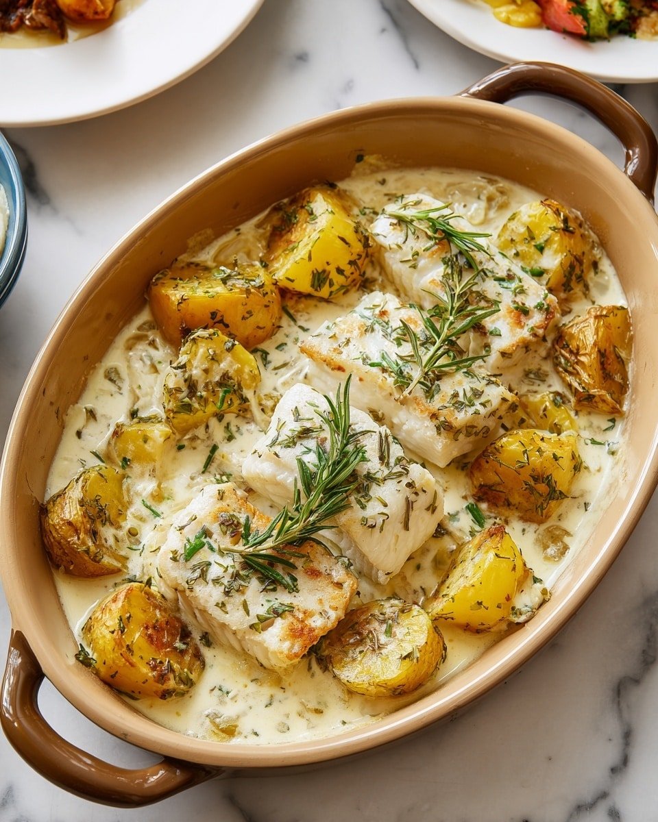 Cod & Potatoes in Rosemary Cream Sauce Recipe - Recipe Image — Cod & Potatoes in Rosemary Cream Sauce, healthy cod and potato recipes, easy seafood dinner ideas, comforting fish and potato dishes, elegant weeknight meals
