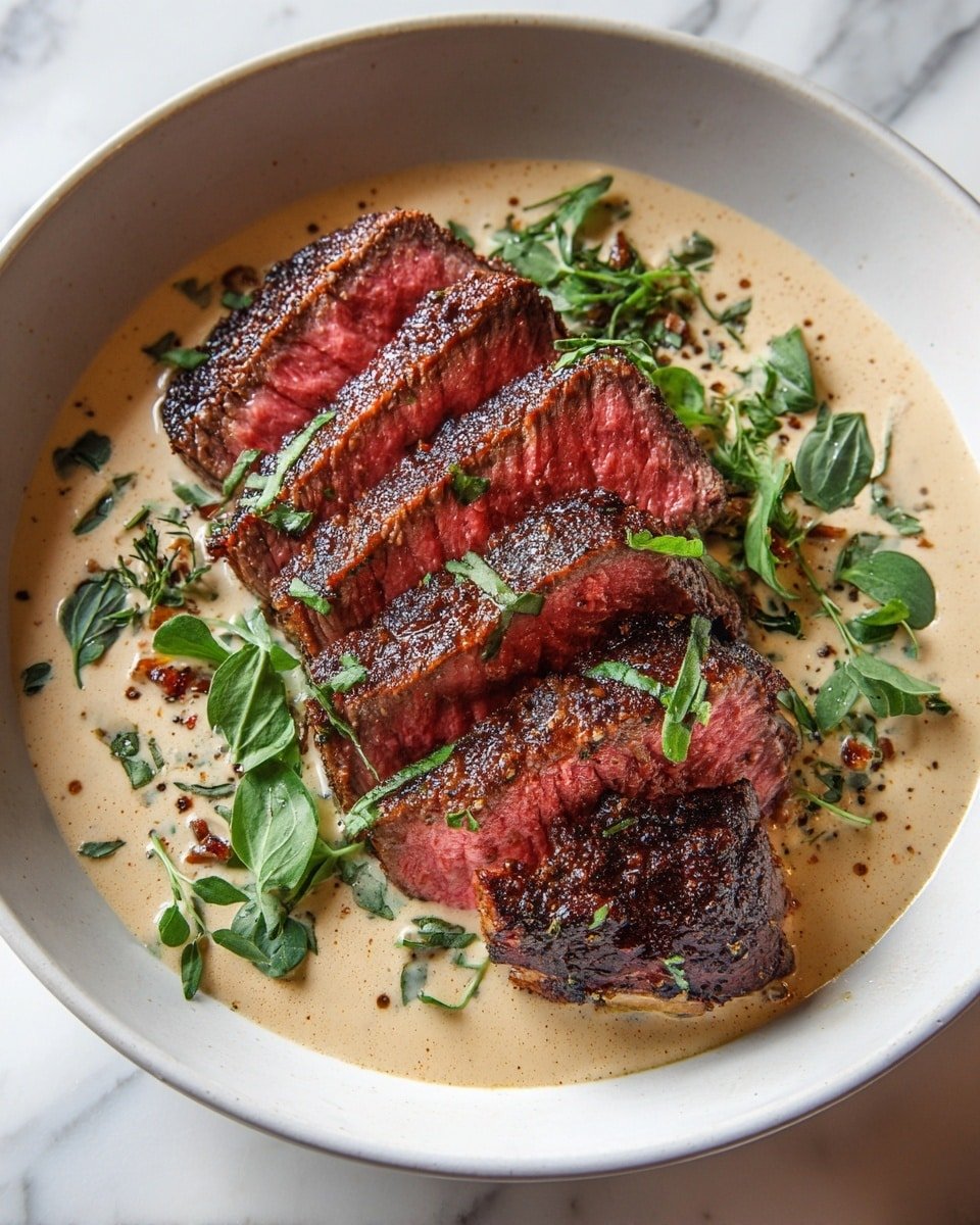 Cast Iron Bavette Steak with Whiskey Garlic Cream Sauce Recipe - Recipe Image — Cast Iron Bavette Steak with Whiskey Garlic Cream Sauce, bavette steak recipes, whiskey garlic steak sauce, easy cast iron steak, gourmet steak dinner