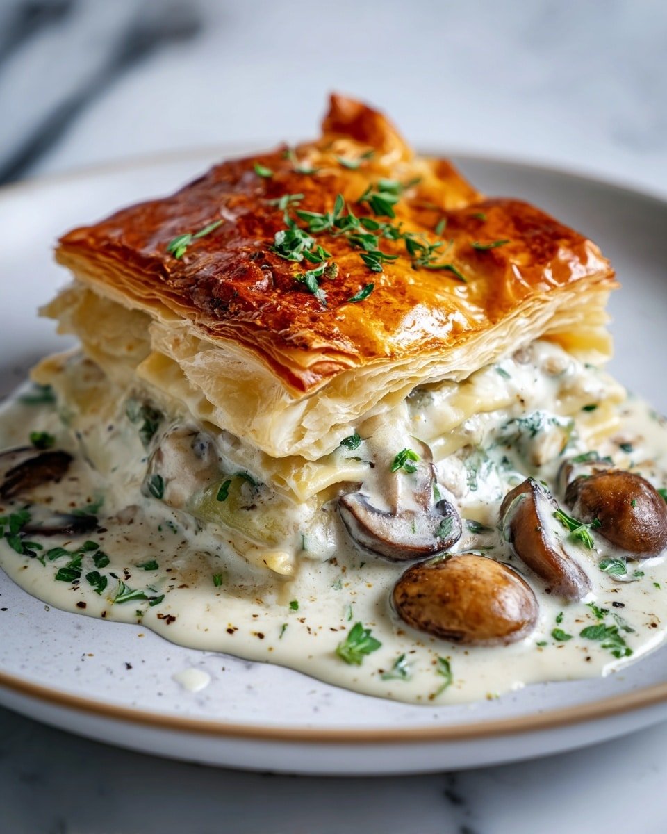 Savory French Chicken and Mushroom Pie Recipe - Recipe Image — Savory French Chicken and Mushroom Pie, Chicken and Mushroom Pie recipe, Flaky pastry chicken pie, Comfort food chicken mushroom dish, Easy French chicken pie recipe