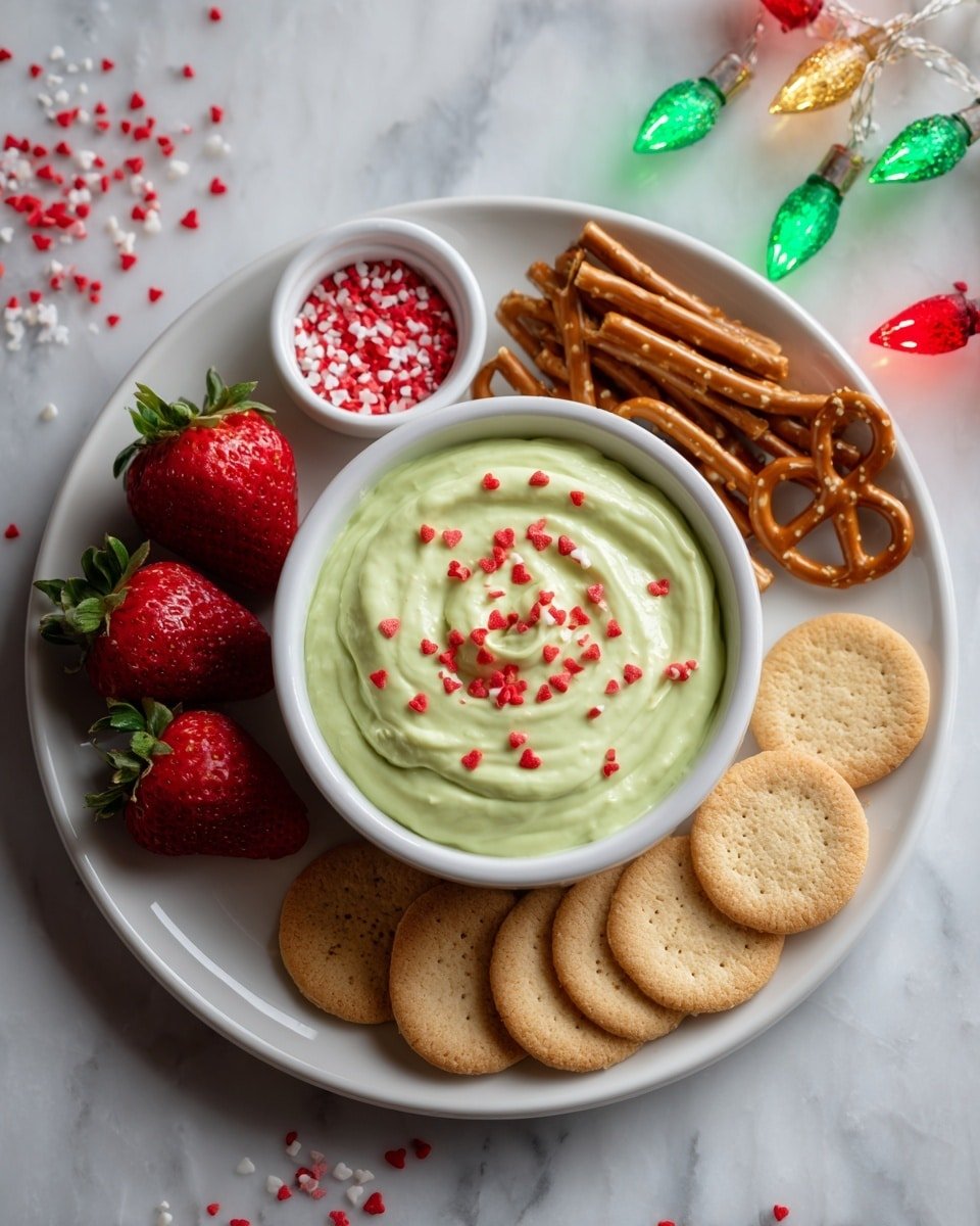 Grinch Dip Recipe - Serving Photo — Grinch Dip, festive holiday dip, green dessert dip, easy Christmas dip, creamy vanilla pudding dip