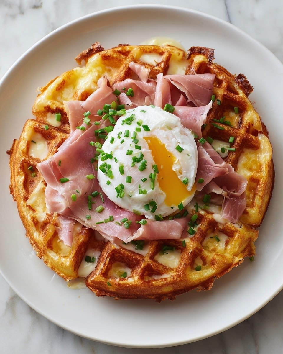 Croque Madame Waffles Recipe - Recipe Image — Croque Madame Waffles, savory waffles with ham and cheese, gourmet brunch ideas, easy French inspired breakfast, cheesy waffle breakfast
