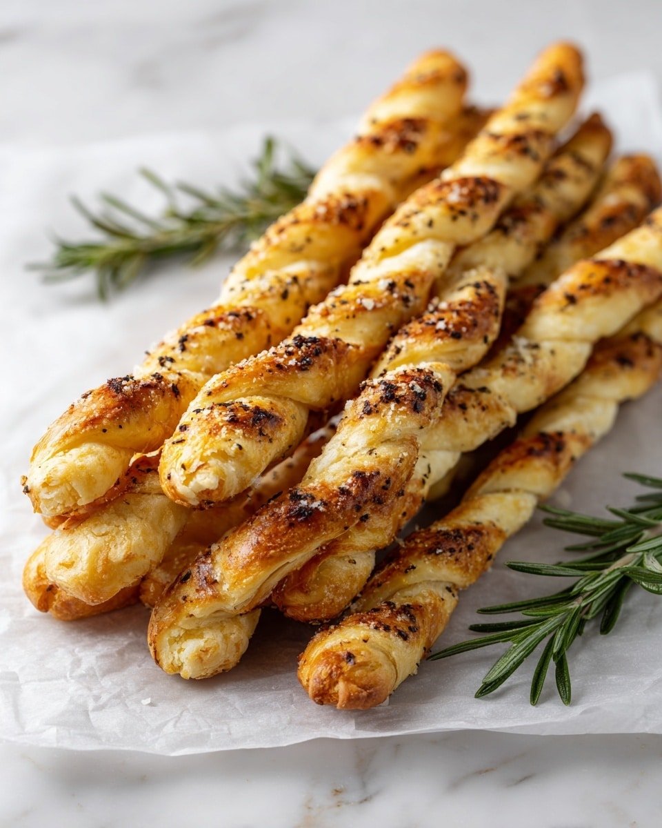 Rosemary Parmesan Cheese Straws Recipe - Recipe Image — Rosemary Parmesan Cheese Straws, savory cheese straws, puff pastry snacks, herby cheese appetizer, easy party snacks