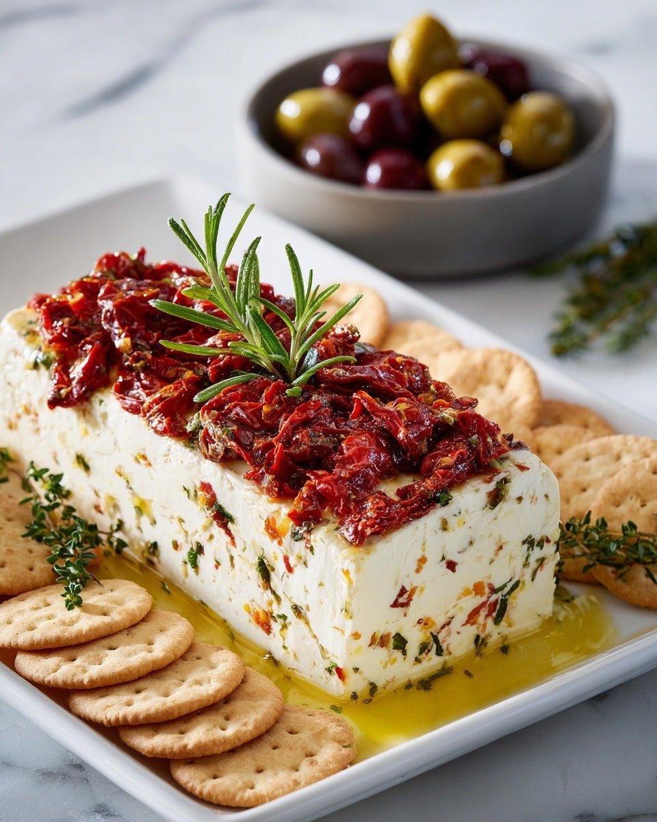 Cheese Log with Roasted Peppers, Salami, and Sun-Dried Tomatoes Recipe - Recipe Image — Cheese Log with Roasted Peppers, Salami, and Sun-Dried Tomatoes,cheese log appetizer, savory cheese ball, holiday appetizer recipes, easy party snacks