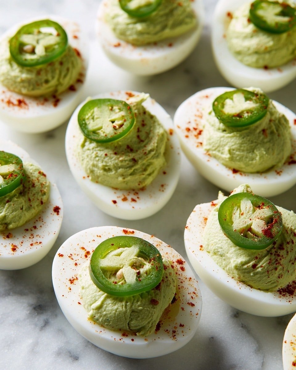 The image shows many white halved hard-boiled eggs arranged closely on a white marbled surface. Each egg has three layers: the smooth white egg white as the base, a thick layer of light green creamy filling on top with a slightly rough texture, and a bright green sliced jalapeño or a sprinkle of red spice powder as the top decoration. The filling is unevenly spread inside the egg white, giving each piece a natural, rustic look. The overall colors are white, light green, vibrant green, and red, creating a fresh and colorful display. Photo taken with an iphone --ar 4:5 --v 7 — Mexican Deviled Eggs, Mexican Deviled Eggs recipe, spicy deviled eggs, avocado deviled eggs, Mexican appetizer ideas