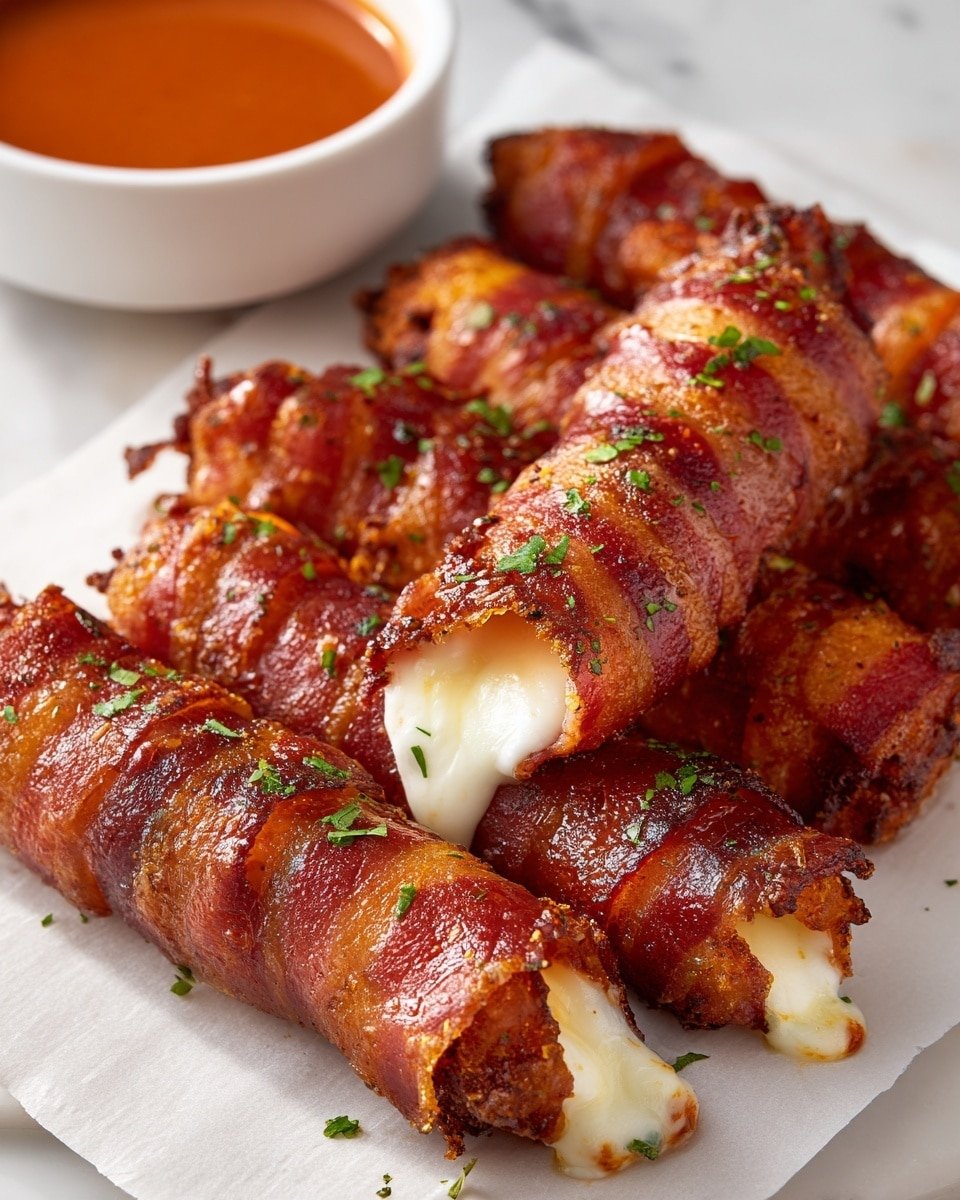 Several deep golden brown sticks wrapped in crispy bacon are lined up on a white marbled surface with parchment paper. Each stick shows a layer of melted white cheese inside, slightly oozing out at one end, wrapped tightly by a reddish bacon strip cooked to a crunchy texture. The bacon layers have a glistening, crackly appearance with browned bits, sprinkled with small green herb pieces on top. In the background, there is a round white dish with smooth reddish-orange sauce. The overall look is warm, crispy, and savory, with bright green herbs adding a fresh color contrast. photo taken with an iphone --ar 4:5 --v 7 — Nashville Hot Bacon Wrapped Mozzarella Sticks, spicy appetizer, bacon wrapped cheese sticks, game day snacks, cheesy spicy appetizers