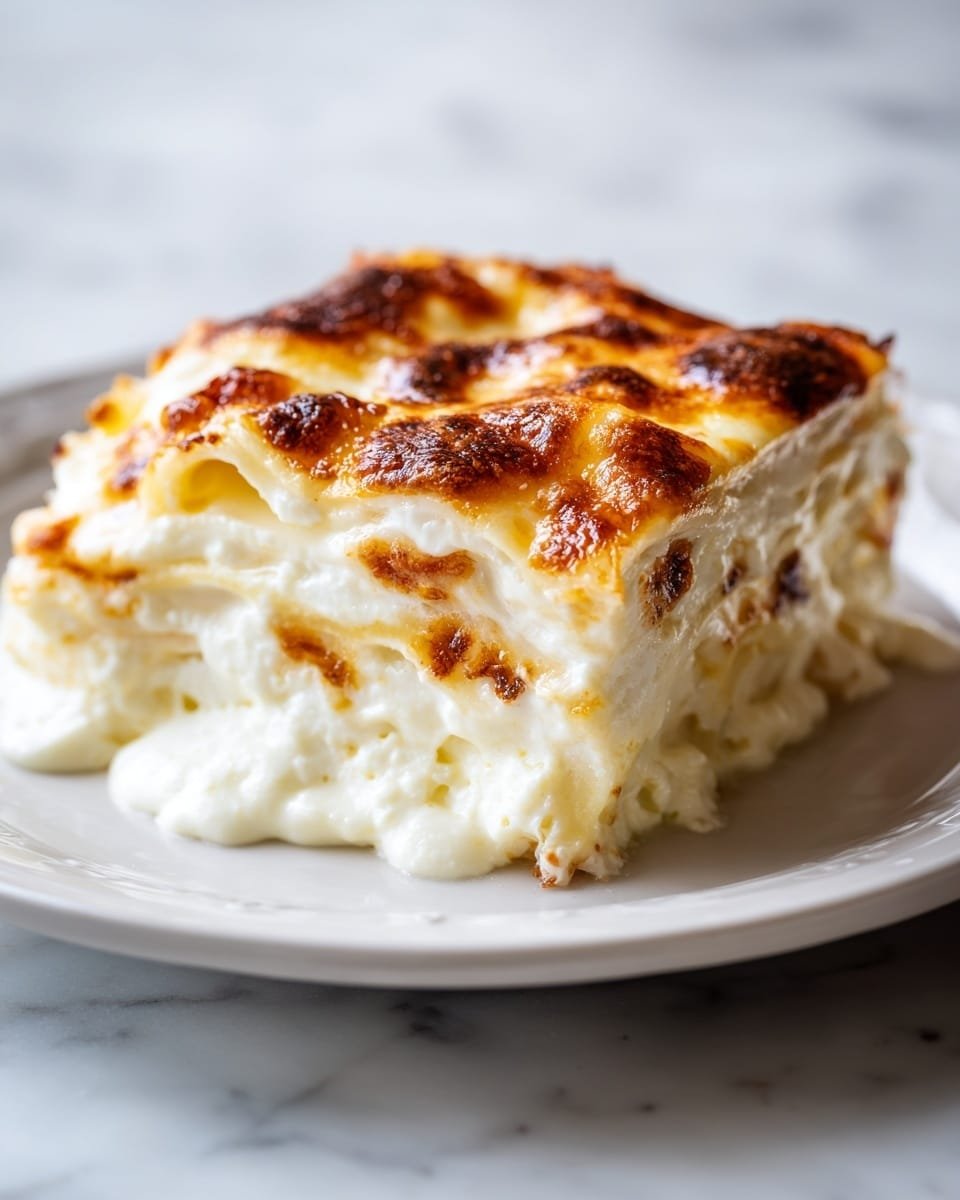 A close-up view of a layered dish showing at least three layers. Each layer looks creamy white and slightly melted with a bubbly, golden-brown top layer that is crisp and roasted. The texture is soft and gooey with some parts showing slightly browned edges. The layers are thick, with smooth melted cheese flowing between them, giving a warm and rich feeling. The background shows a white marbled surface. photo taken with an iphone --ar 4:5 --v 7 — Tennessee Onions, Cheesy Baked Side Dish, Onion Rings Alternative, Baked Onion Appetizer, Cheesy Onion Side Dish