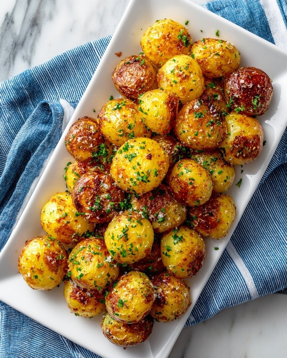 A rectangular white plate holds a single layer of small round golden-yellow potatoes that are roasted to a crispy brown with a sprinkling of green herbs and grated cheese on top, giving a textured, crunchy look. The potatoes are closely packed, some with darker brown spots indicating a well-roasted crispness, and the plate rests on a blue and white striped cloth atop a white marbled surface. photo taken with an iphone --ar 4:5 --v 7 — Crispy Parmesan Crusted Baby Potatoes, crispy baby potatoes, Parmesan potato side dish, cheesy potato recipes, flavorful potato side