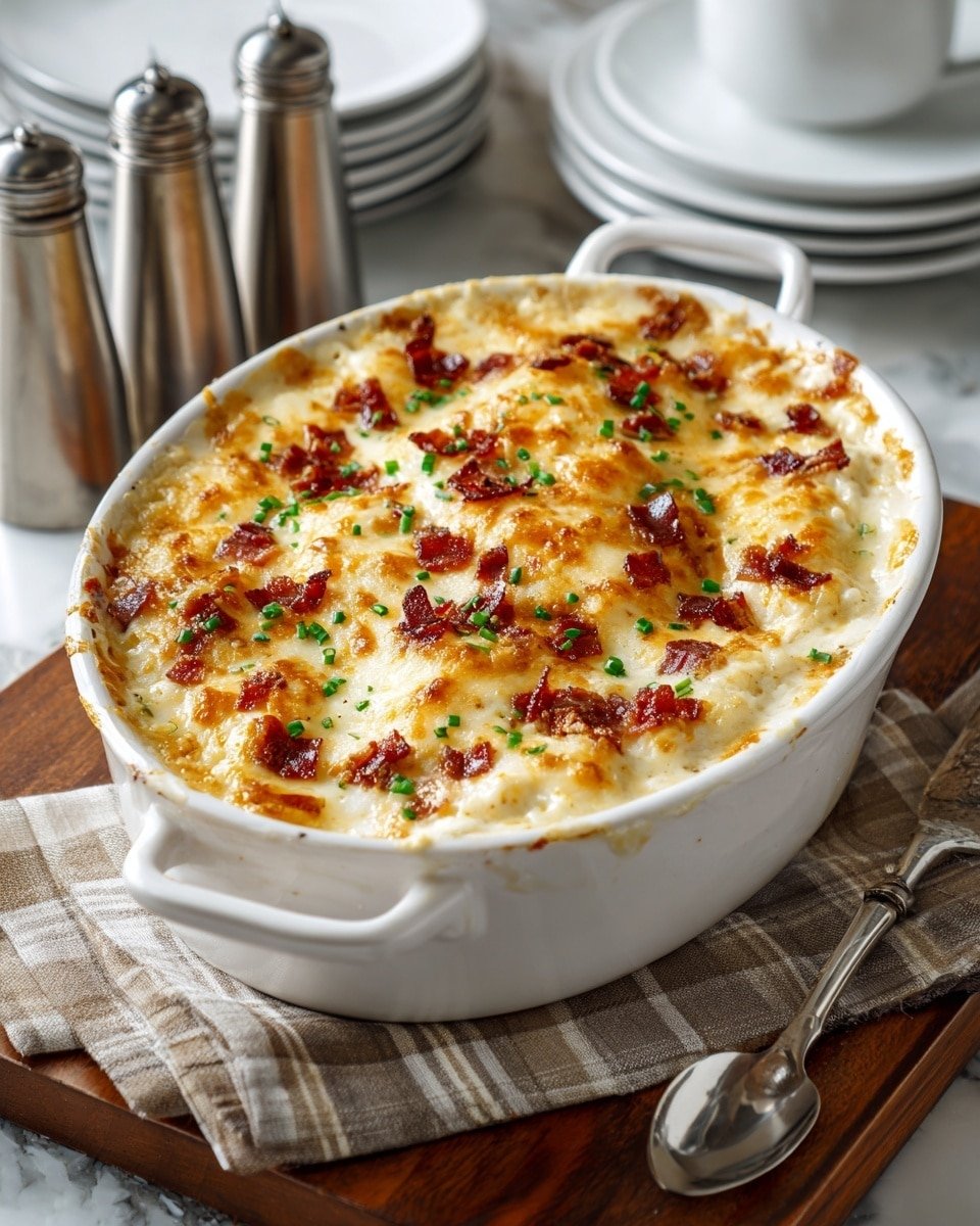 The image shows a baked dish in a white oval ceramic baking dish with two handles, filled with a thick layer of golden melted cheese mixed with small pieces of cooked bacon evenly spread on top, and garnished with small green herb bits scattered across. The dish rests on a wooden board over a beige and gray plaid cloth, with a shiny silver spoon placed nearby. In the background, there is a stack of white plates and two stainless steel salt and pepper shakers on a white marbled surface, creating a cozy table setting. Photo taken with an iphone --ar 4:5 --v 7 — Twice Baked Potato Casserole, cheesy potato casserole, comfort food recipes, bacon potato bake, easy potato casserole