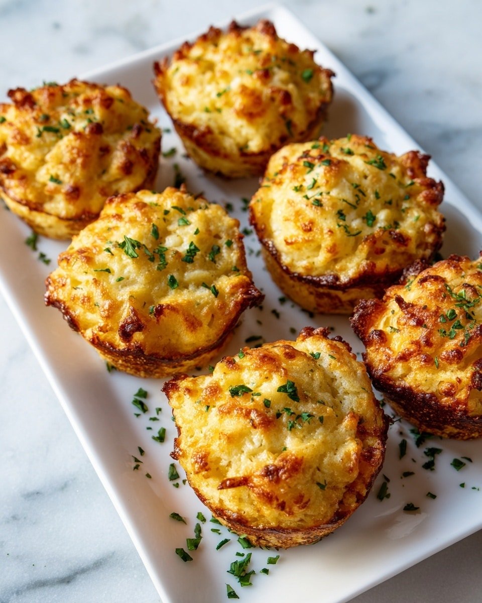 The image shows a white rectangular plate with six cheesy, golden-brown potato puffs arranged in two rows of three. Each puff has a rough, crispy outer texture with browned edges and a soft, creamy-looking interior. Small green chopped herbs are sprinkled on top and around the puffs, adding a fresh touch of color. The plate sits on a white marbled surface with soft lighting highlighting the warm, inviting tones of the potato puffs. photo taken with an iphone --ar 4:5 --v 7 — Leftover Mashed Potato Cheese Puffs, cheesy leftover potato snacks, easy mashed potato appetizers, crispy potato puffs, comfort food recipes