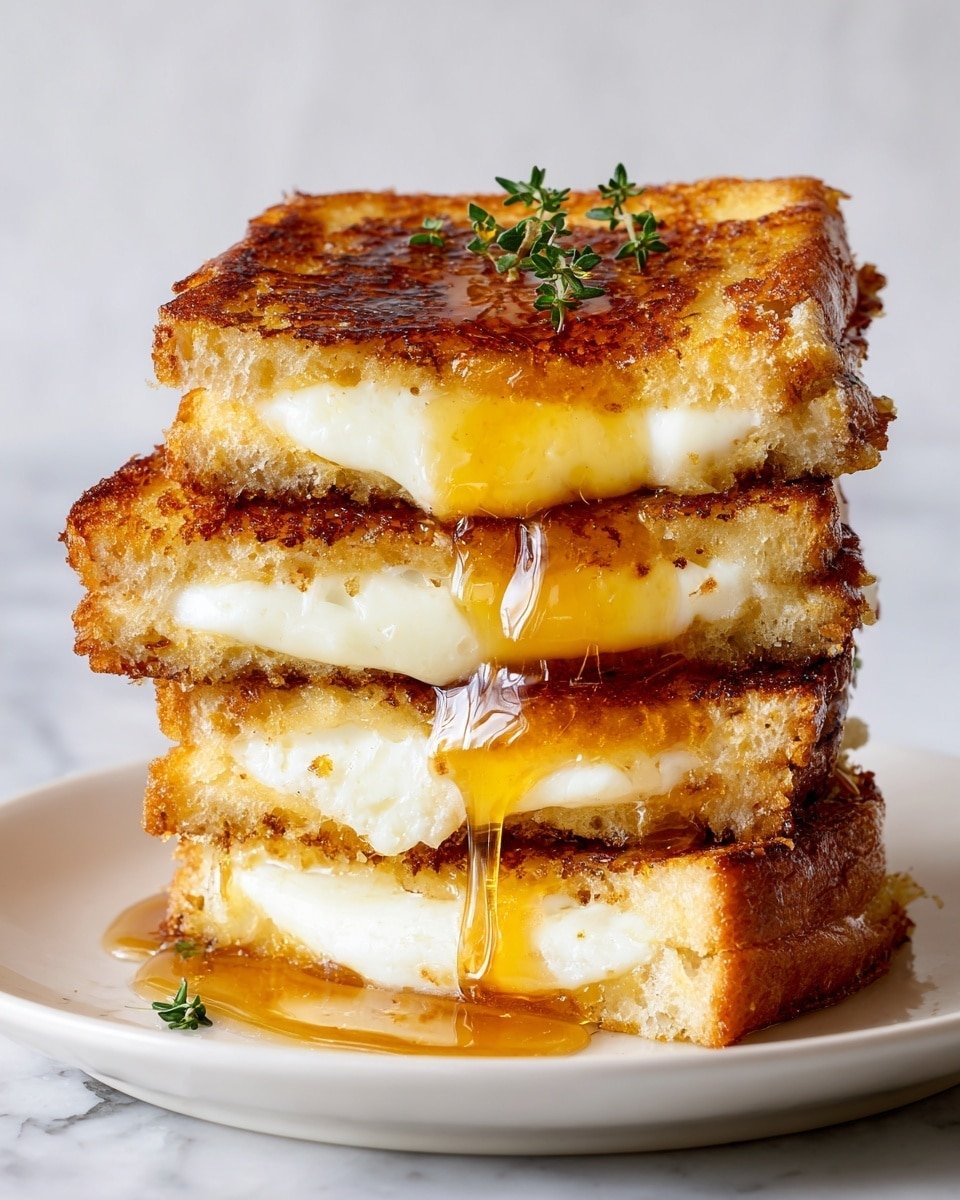 A stack of four grilled cheese sandwiches is shown close up, with each sandwich having a crispy golden-brown crust that looks slightly crunchy and textured. Between each layer of toasted bread, soft white melted cheese oozes out, creating smooth and shiny lines. Rich amber syrup is slowly dripping down the sides, catching light and adding a glossy shine, with a small sprig of thyme placed on top as garnish. The stack sits on a white plate, all set on a white marbled surface. The photo taken with an iphone --ar 4:5 --v 7 — Cranberry Custard Pie, Cranberry Custard Pie recipe, tart cranberry dessert, holiday custard pie, easy cranberry pie
