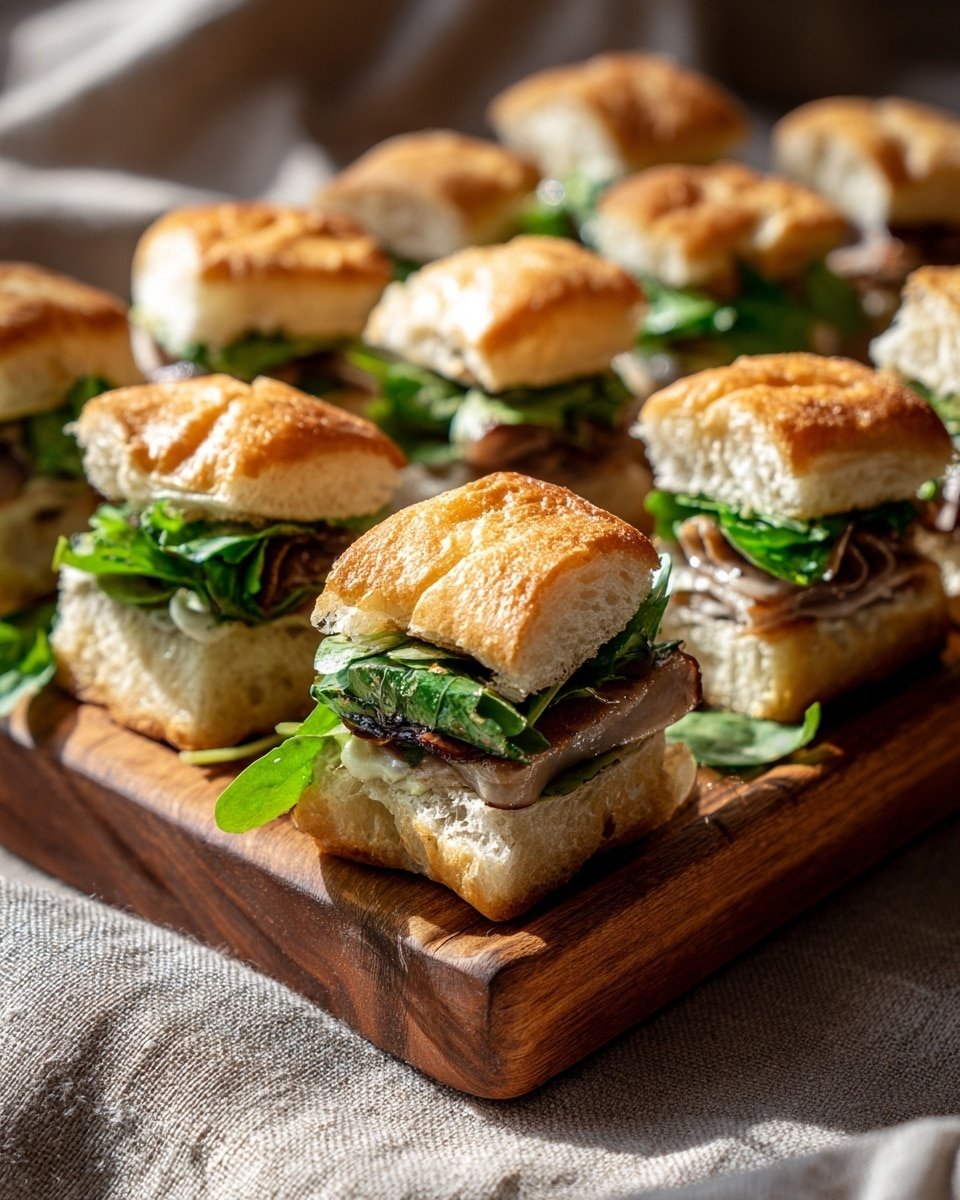 The image shows a group of small sandwiches cut into square pieces, arranged closely together on a wooden board. Each sandwich has three visible layers: the top layer is a golden-brown toasted bun with soft folds and wrinkles, the middle layer appears to have green leafy vegetables mixed with thin slices of meat, and the bottom layer is another toasted bun, slightly lighter in color. Greens are visible both inside and scattered around the sandwiches on the board. The board is placed on a fabric cloth with a rough texture, and the overall lighting is bright and natural. photo taken with an iphone --ar 4:5 --v 7 — Ham, Brie & Fig Sliders, Ham Brie & Fig Sliders, Easy Ham Brie Sliders, Crowd-Pleasing Slider Recipes, Gourmet Ham Slider Appetizer
