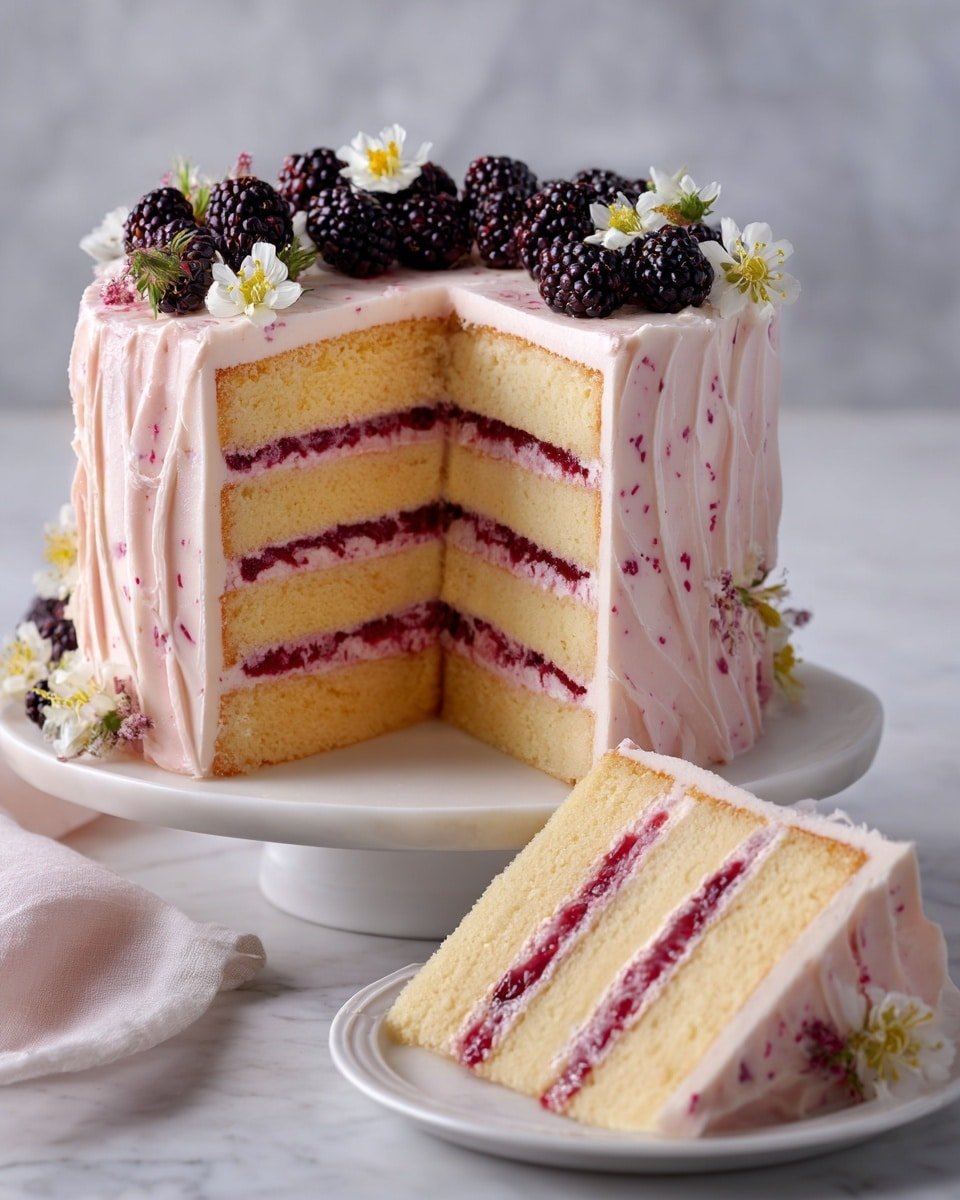 A tall, four-layer light yellow cake sits on a white plate over a white marbled surface. Each layer is filled with a thick, smooth pink cream mixed with a thin layer of red jam, creating even stripes between the cake layers. The outside is covered with the same pink cream that has tiny red specks, spread in soft swirls. On top, a row of large, fresh blackberries is arranged close together, mixed with small white flowers for decoration. Nearby, a single slice of the cake is placed on a white plate, showing the clear layers inside. photo taken with an iphone --ar 4:5 --v 7 — Blackberry Layer Cake, Blackberry Layer Cake recipe, summer berry cake, vanilla blackberry cake, homemade berry dessert
