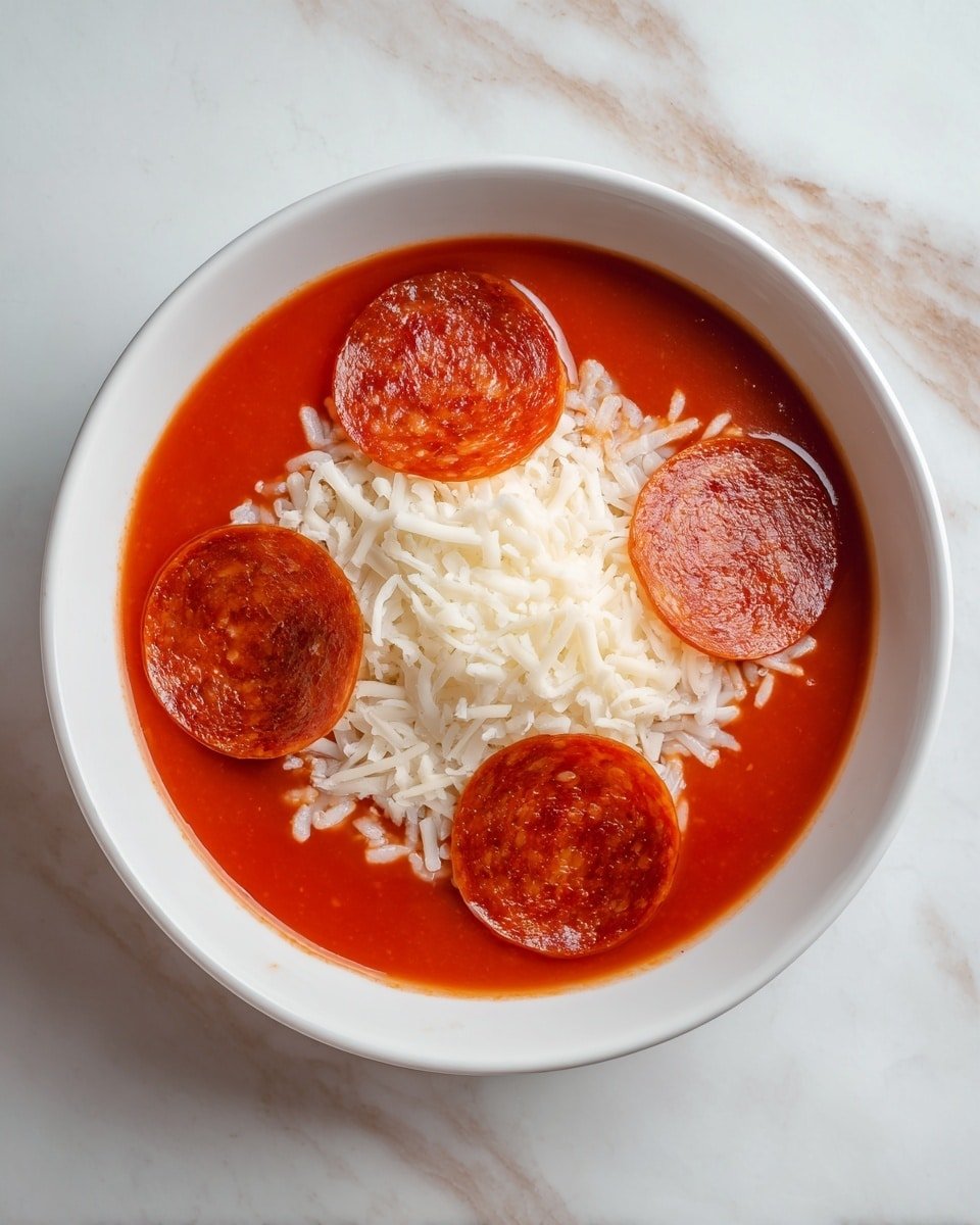 A white round bowl holds a dish with three clear layers. The bottom layer is smooth, bright red tomato sauce filling most of the bowl. The middle layer is a small pile of white shredded cheese placed in the center of the tomato sauce. On top, four round, reddish-orange pepperoni slices sit evenly spaced around the cheese. The bowl rests on a white marbled surface with light brown veins. photo taken with an iphone --ar 4:5 --v 7 — Low-Carb Cottage Cheese Pizza Bowls, low-carb pizza bowls, healthy cottage cheese pizza, quick low-carb dinner, protein-packed pizza bowls
