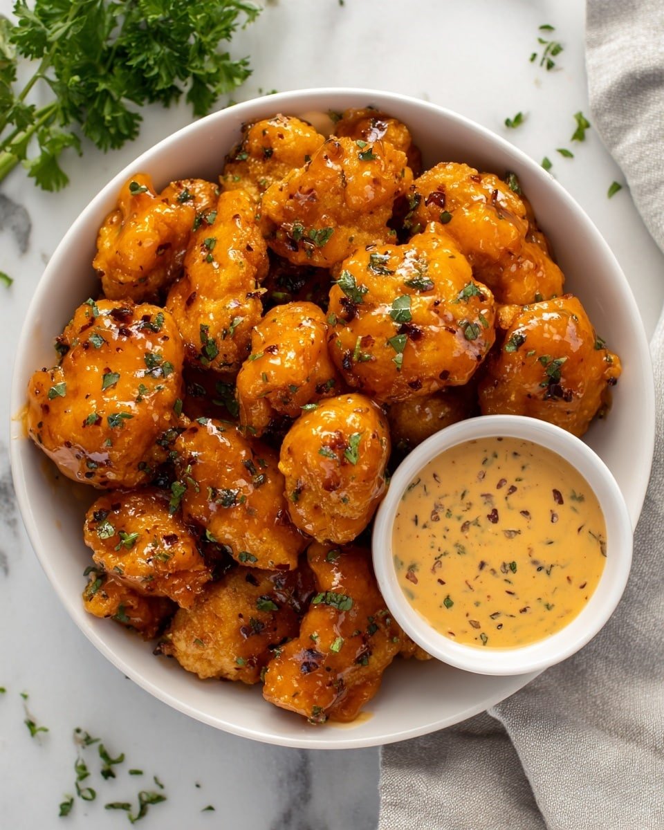The image shows a white bowl filled with golden-brown fried chicken pieces covered in a shiny, thick orange sauce sprinkled with green herbs. Next to the chicken, a small white bowl holds a creamy, light orange dipping sauce with visible herbs and spices mixed in. The bowl sits on a white marbled surface, with some green parsley sprigs to the upper left and a light gray cloth on the lower right edge. The rich colors of the chicken and sauce contrast with the simple white bowl and background, making the dish look warm and tasty. photo taken with an iphone --ar 4:5 --v 7 — Hot Honey Ranch, Hot Honey Ranch sauce, spicy honey ranch dip, versatile ranch sauce, easy hot honey dip