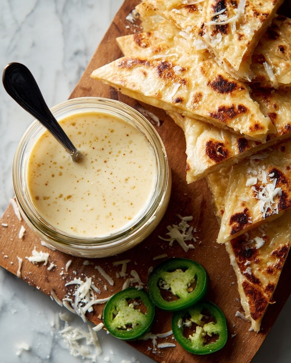 The image shows a glass jar filled with a thick, creamy sauce with a light orange color and tiny specks, held by a black spoon resting inside. Around the jar, there are multiple triangular slices of golden-brown toasted flatbread with visible crisp spots, some with melted cheese peeking out from the edges. On the wooden surface near the sauce jar, there are a few slices of green jalapeño peppers scattered, with small bits of white cheese sprinkled nearby. The background is a white marbled texture. photo taken with an iphone --ar 4:5 --v 7 — Copycat Taco Bell Quesadilla Sauce, Taco Bell quesadilla sauce copycat, homemade quesadilla sauce, spicy creamy quesadilla dip, Taco Bell sauce recipe