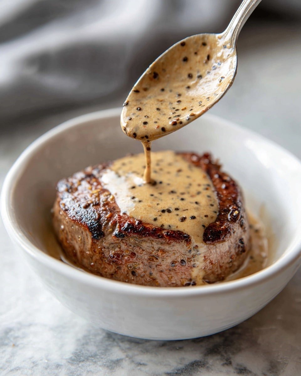 A white bowl contains one thick, round piece of steak with a brown, grilled surface full of small char marks. The steak is partly covered with a light brown creamy sauce speckled with whole black peppercorns. A silver spoon holds some sauce above the steak, with the sauce slightly dripping down. The background shows a blurred white marbled texture. photo taken with an iphone --ar 4:5 --v 7 — Creamy Peppercorn Sauce, Peppercorn Steak Sauce, Easy Steak Sauce, Rich Beef Sauce, Homemade Peppercorn Sauce