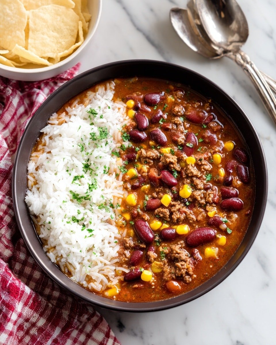 A round black bowl filled with a thick stew that has three main layers visible: the base layer is a rich reddish-brown broth, the middle layer shows white rice scattered throughout, and the top layer features dark red kidney beans, yellow corn kernels, and brown ground meat pieces. Tiny green herbs are sprinkled over the surface. The bowl is placed on a white marbled surface, next to a white bowl with light beige chips and two silver spoons. A red and white checkered cloth is partially seen in the background. Photo taken with an iphone --ar 4:5 --v 7 — Crock Pot Taco Rice Soup, slow cooker taco rice soup, easy taco rice soup recipe, hearty taco soup with rice, flavorful crock pot soup recipes