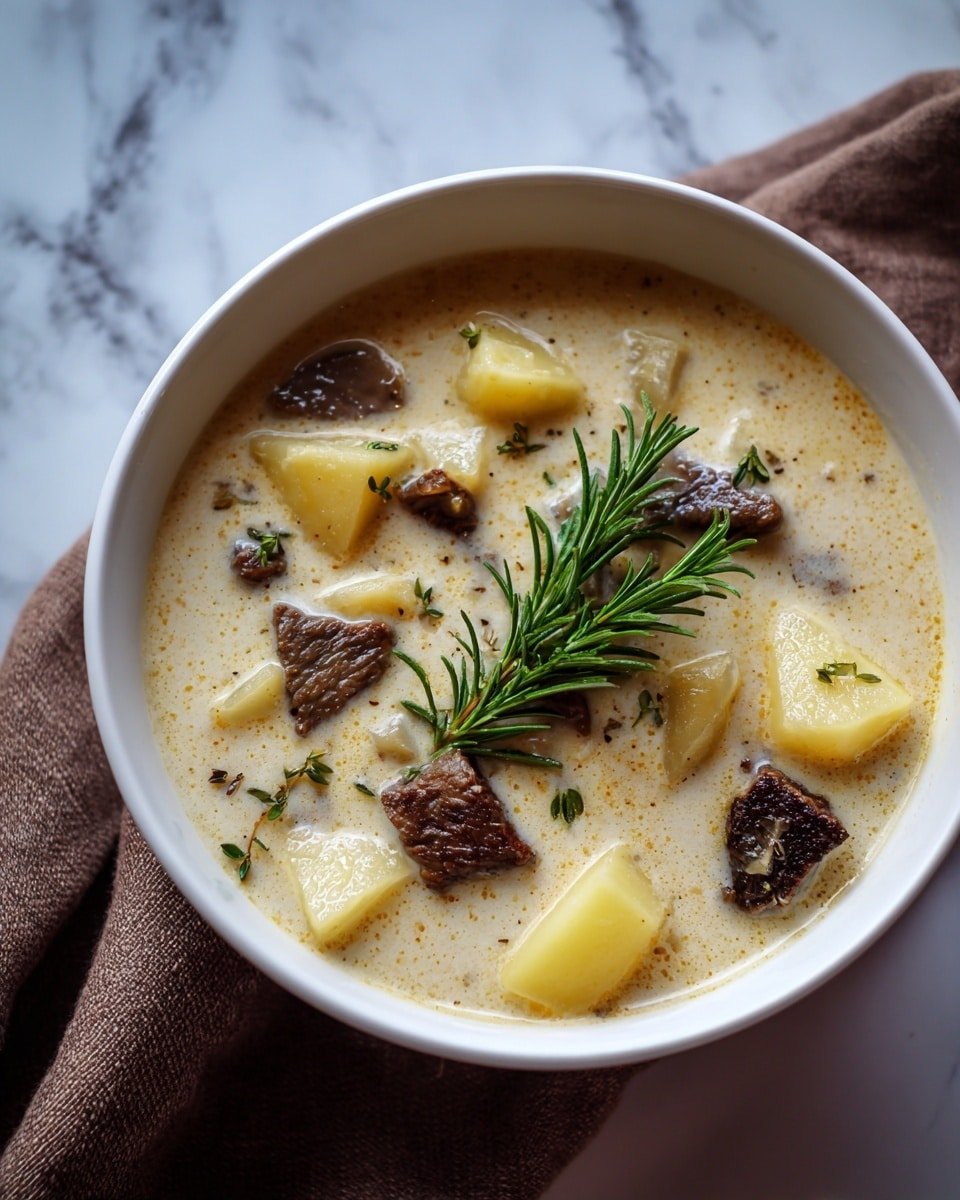 A white bowl filled with creamy beige soup, containing chunky light yellow potato pieces and dark brown beef chunks scattered evenly on the surface, topped with a small sprig of fresh green rosemary placed in the center. The bowl is set on a white marbled surface with part of a brown cloth visible nearby. Photo taken with an iphone --ar 4:5 --v 7 — Creamy Steak & Potato Soup, hearty steak and potato soup, easy comfort soup with steak, savory creamy beef and potato chowder, quick steak and potato dinner