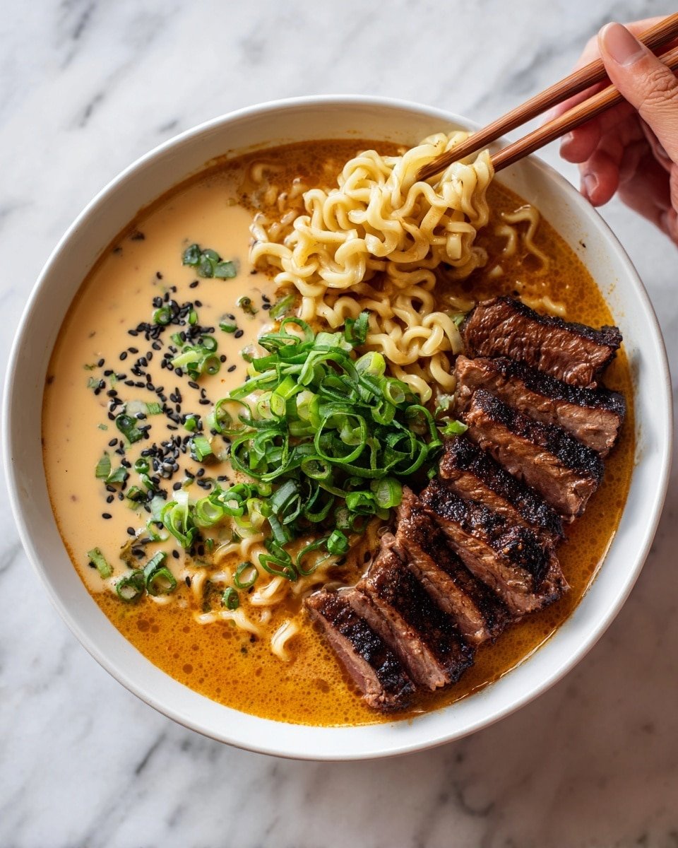 Spicy Korean Ramen with Grilled Beef & Creamy Sauce Recipe - Ingredients Photo — Spicy Korean Ramen with Grilled Beef & Creamy Sauce, Korean spicy ramen recipe, grilled beef noodle bowl, spicy ramen with beef and sauce, Korean-inspired ramen dish