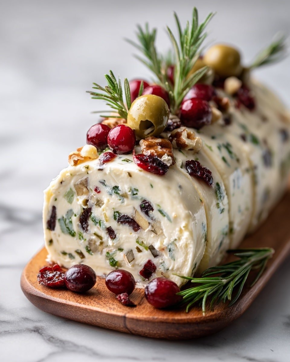 Festive Holiday Antipasto Cream Cheese Log Recipe - Recipe Image — Festive Holiday Antipasto Cream Cheese Log, holiday appetizer spread, holiday cheese log recipe, festive party appetizer, easy holiday appetizer