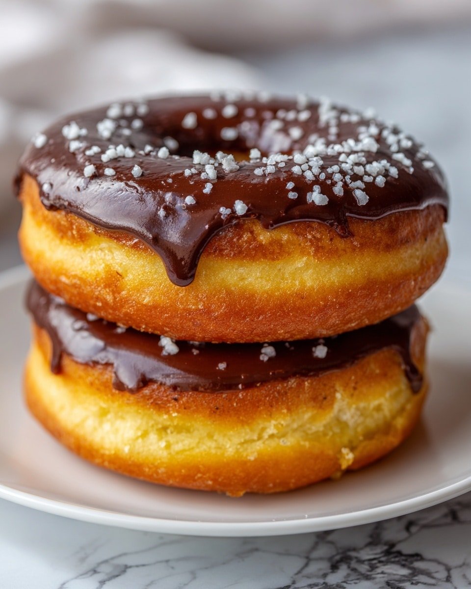 A close-up view of two thick, golden-brown doughnuts stacked on a white plate, each doughnut topped with a smooth, dark chocolate glaze that slightly drips down the sides. The top doughnut has small white sugar crystals scattered across its shiny chocolate surface, adding texture and contrast. The doughnuts have a soft, fluffy appearance with a light crust showing around the edges. The background features a soft blur with a white marbled texture surface visible beneath the plate. Photo taken with an iphone --ar 4:5 --v 7 — Boston Cream Pie Cookies, chocolate filled cookies, creamy filling dessert, handheld pastry recipes, classic dessert twist