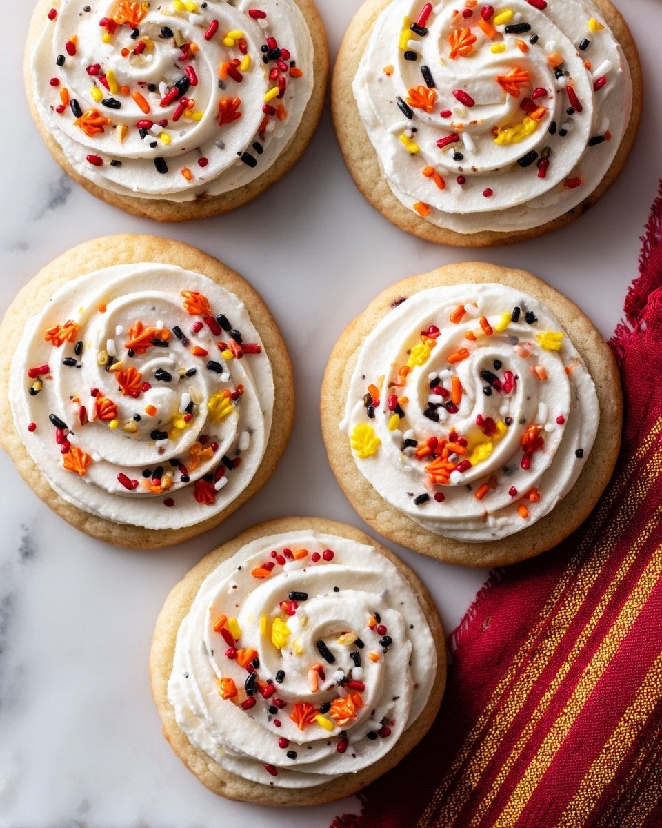 Five cookies are placed on a white marbled surface, with a red and gold striped fabric beneath some of them. Each cookie has one round, light brown base, topped by a thick swirl of smooth, white frosting that spirals from the center to the edges. The frosting is decorated with small, colorful sprinkles in red, yellow, black, and orange, including some shaped like leaves and small rods. The cookies are arranged closely, filling the frame. photo taken with an iphone --ar 4:5 --v 7 — Butterbeer Cookies with Butterscotch Frosting and Harry Potter Sprinkles, Harry Potter themed cookies, magical butterbeer cookie recipe, easiest Harry Potter treats, enchanted cookie ideas