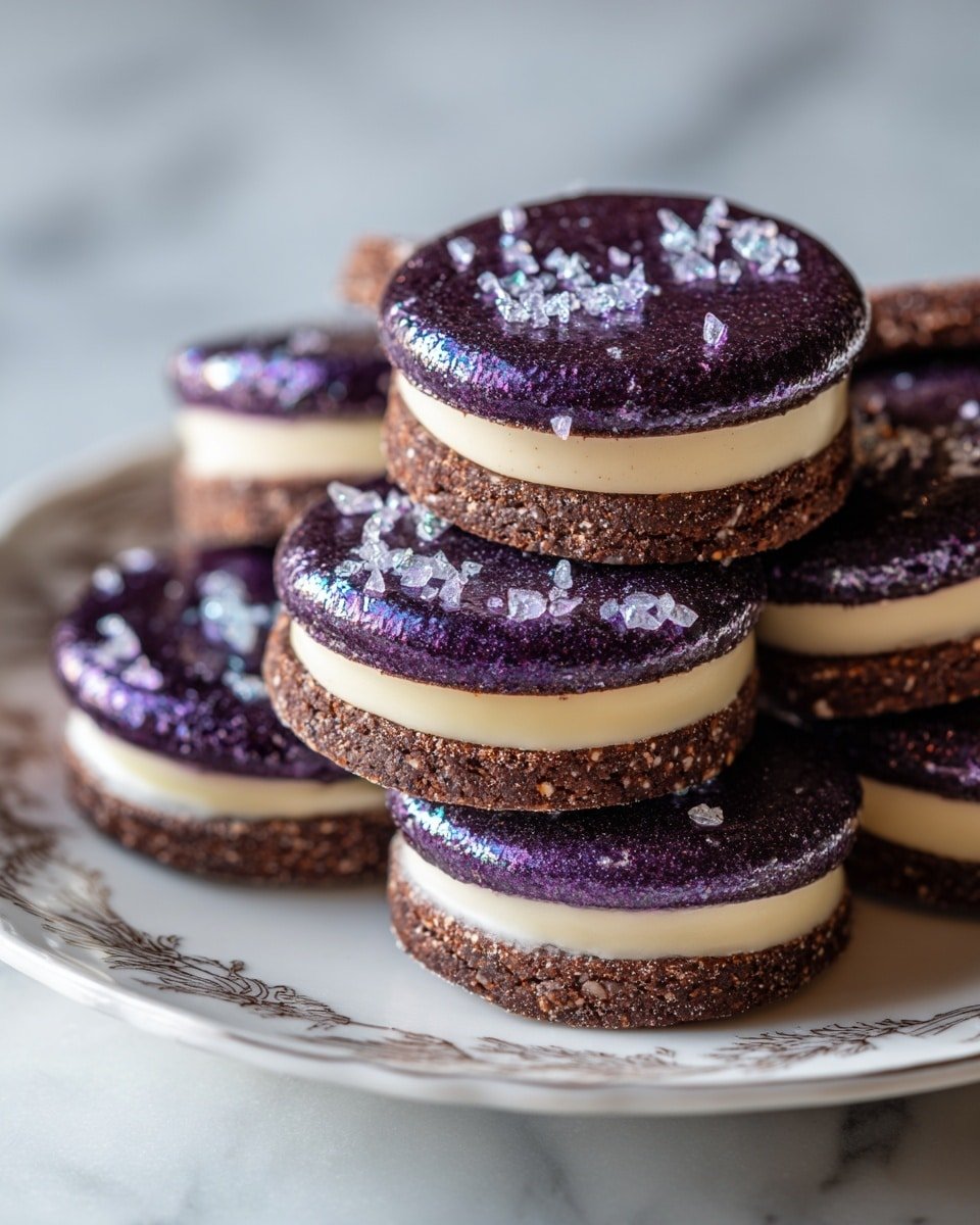A stack of round cookies is shown on a white plate with a delicate vine pattern. Each cookie has three visible layers: the outer edge is dark brown with a grainy texture, the middle layer is smooth and pale cream color, and the center is bright purple with a glossy finish. The purple center also has sparkling, crystal-like bits scattered throughout that catch the light, giving the cookies a shimmering effect. The cookies appear thick and soft with a rough outer edge, and they are stacked unevenly, giving a cozy and inviting look. The surface is a white marbled texture. photo taken with an iphone --ar 4:5 --v 7 — Geode Cookies, gemstone cookies, sparkling candy crystal cookies, colorful cookie treats, easy geode cookie recipe