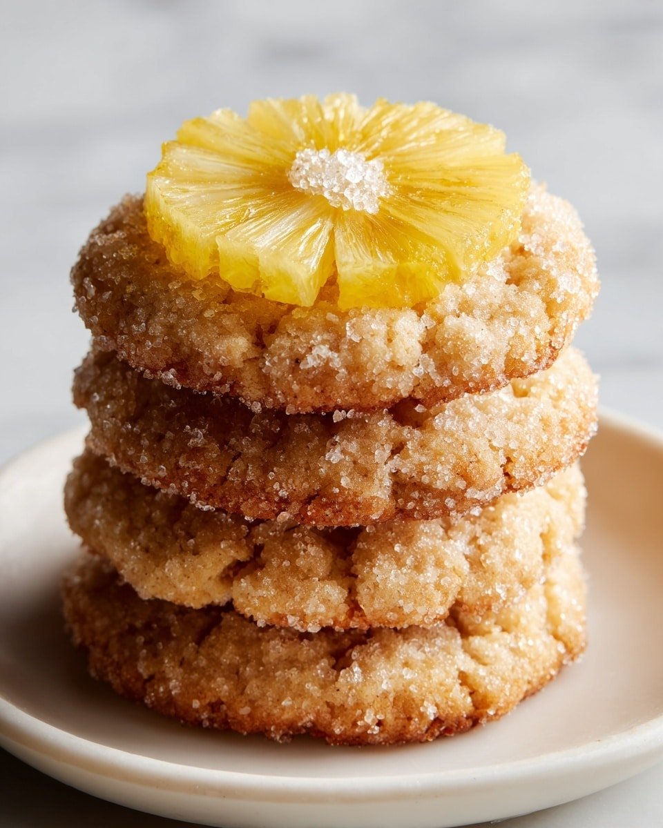 A close-up view of a stack of four pineapple-topped cookies placed on a white plate with a white marbled surface beneath. Each cookie layer is golden-brown with a rough texture coated in sugar crystals, and the top cookie is decorated with a round pineapple slice that has a translucent, shiny yellow color and a small cluster of white sugar crystals in its center. The pineapple slice shows detailed segments radiating outward. The stack stands tall with the cookies slightly cracked and uneven on the edges, giving a fresh and inviting look. Photo taken with an iphone --ar 4:5 --v 7 — Pineapple Upside Sugar Cookies, tropical fruit cookies, easy pineapple cookie recipe, holiday fruit cookies, sweet pineapple dessert