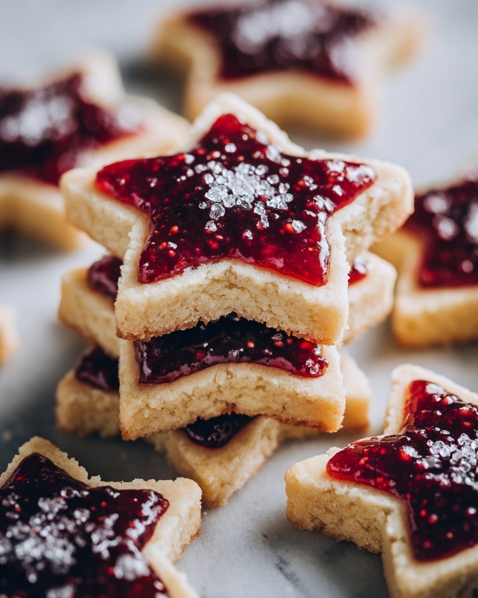 The image shows a close-up of several star-shaped cookies stacked on a white marbled surface. Each cookie has two layers: a thick, light beige base that looks soft and crumbly, topped with a glossy, deep red jam layer that fills the star shape with a slightly uneven texture. There are rough sugar crystals sprinkled across the jam layer, catching light and adding sparkle. The cookies are arranged in a slightly overlapping manner, showing variation in the jam's thickness and the texture of the cookie edges photo taken with an iphone --ar 4:5 --v 7 — Sugar Plum Shortbread Cookies, holiday shortbread cookie recipe, festive holiday cookies, buttery cookie with plum jam, easy Christmas cookie recipes