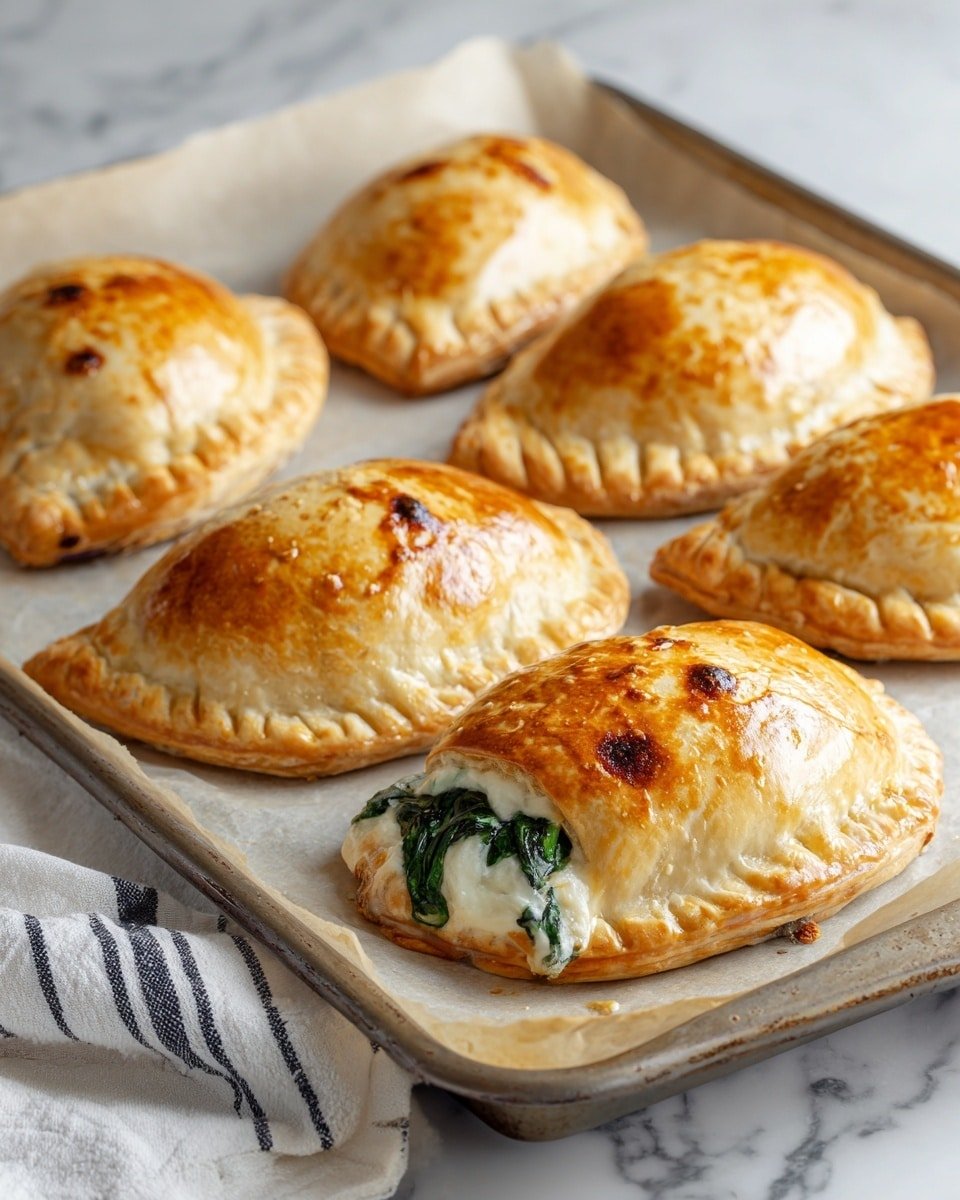 The image shows six golden-brown pastry pockets arranged on a baking tray lined with parchment paper. Each pocket has a shiny, slightly puffed top layer with a few small browned spots. One pocket in the front is slightly open, revealing a creamy white and green spinach filling inside. The pastry looks flaky and layered with a soft, light brown color underneath the crispy outer surface. The background features a white marbled surface and a white cloth with dark stripes partially visible on the side. photo taken with an iphone --ar 4:5 --v 7 — Addictive Spinach Stuffed Pastry, spinach pastry appetizer, flaky spinach pastries, savory spinach snack, vegetarian stuffed pastry