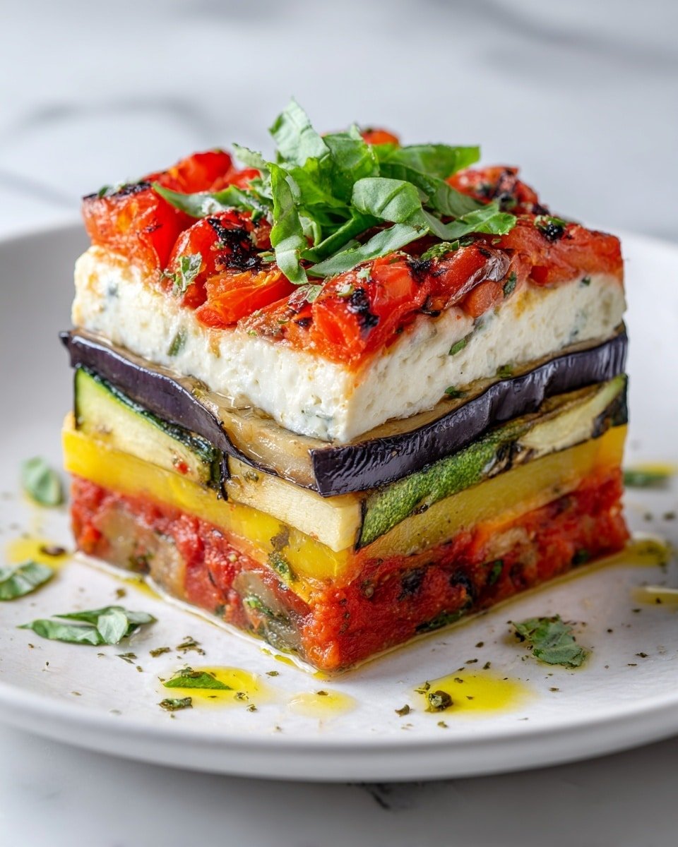 This dish is a square layered vegetable terrine on a white plate with a white marbled texture background. The bottom layer is a roasted red tomato mix with hints of oil and herbs. Above this is a bright yellow roasted bell pepper layer, followed by a thick layer of creamy white cheese mixed with chopped herbs. Next is a layer of grilled eggplant with a dark purple skin, topped by green grilled zucchini slices. The top layer has roasted red tomato pieces with a slight char and melted cheese, garnished with a small bunch of fresh green basil leaves in the center and a few scattered leaves around the plate. Small droplets of olive oil and chopped herbs add texture and color around the base. Photo taken with an iphone --ar 4:5 --v 7 — Layered Mediterranean Vegetable Lasagna, Mediterranean Vegetable Lasagna with Creamy Ricotta, veggie lasagna recipes, healthy Mediterranean lasagna, vegan-friendly lasagna ideas