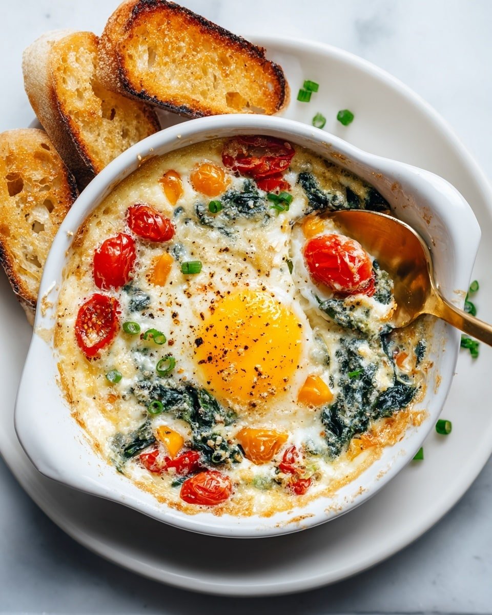 A white round baking dish filled with a baked egg dish placed on a white marbled textured surface. The dish has one sunny-side-up egg in the center with a bright yellow yolk and clear whites. Surrounding the egg are colorful bits of cooked spinach leaves, red cherry tomatoes, small orange pieces, and chopped green onions scattered on top. The texture looks creamy and slightly browned around the edges. The dish sits on a white round plate with two pieces of golden toasted bread on the side. Some green onion pieces are sprinkled on the plate. A gold spoon is scooping part of the dish's contents. Photo taken with an iphone --ar 4:5 --v 7 — Baked Feta Eggs, baked feta eggs recipe, easy brunch recipes, Mediterranean breakfast ideas, savory baked egg dishes