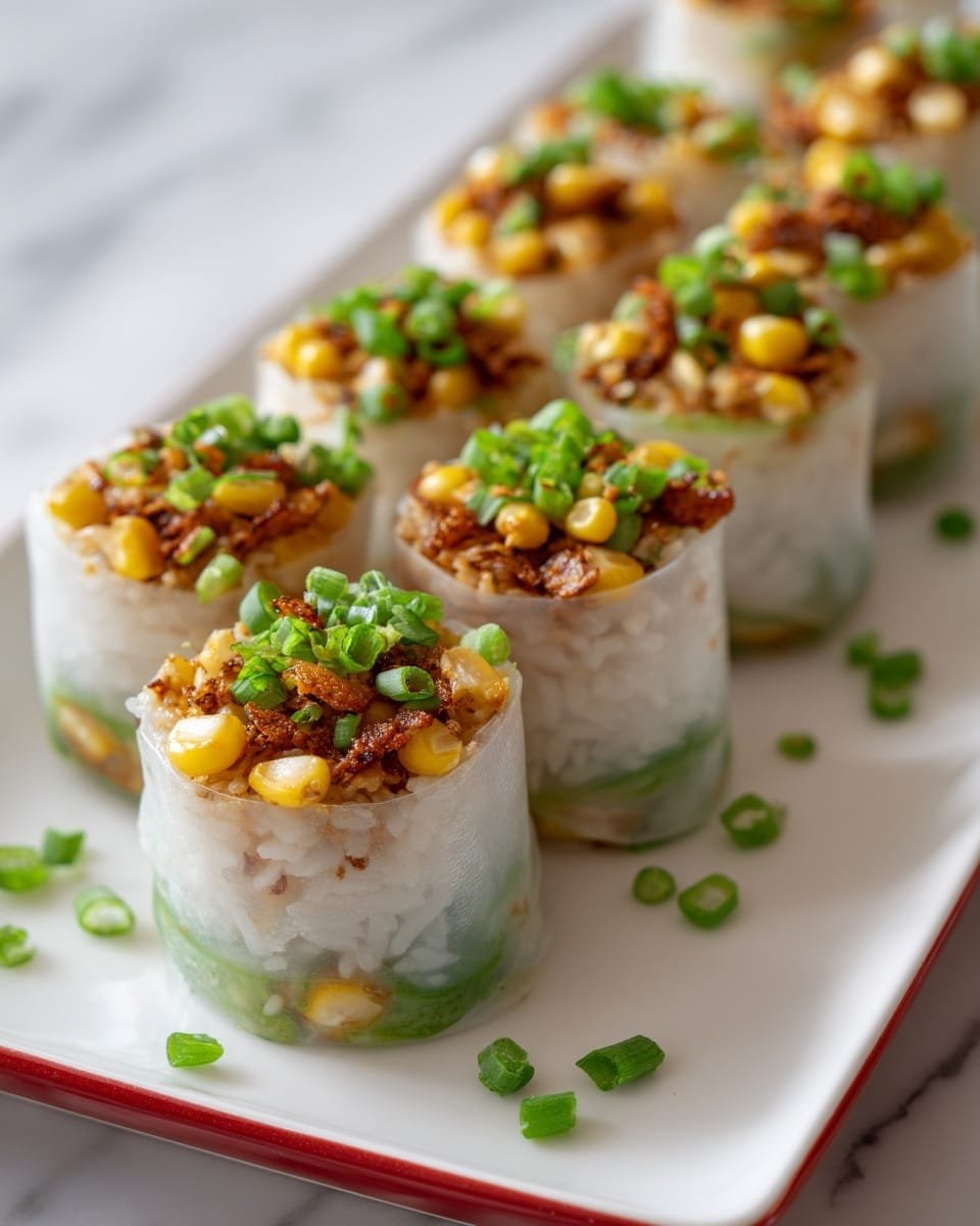 The image shows a close-up view of several pieces of rolled rice paper snacks placed neatly on a white rectangular plate with a thin red border, set on a white marbled surface. Each roll has three visible layers: a soft white translucent outer layer, a middle layer of sticky white rice with bits of green vegetables, and a top layer full of small yellow corn kernels and crispy brown bits, garnished with chopped green onions on top and some scattered around the plate. The rolls form a tidy row, with one roll in front fully visible, showing its layered interior clearly. Photo taken with an iphone --ar 4:5 --v 7 — Low Carb Baked Big Mac Rice Paper Rolls, healthy burger wraps, low carb appetizer, baked savory rice paper rolls, keto friendly burger bites
