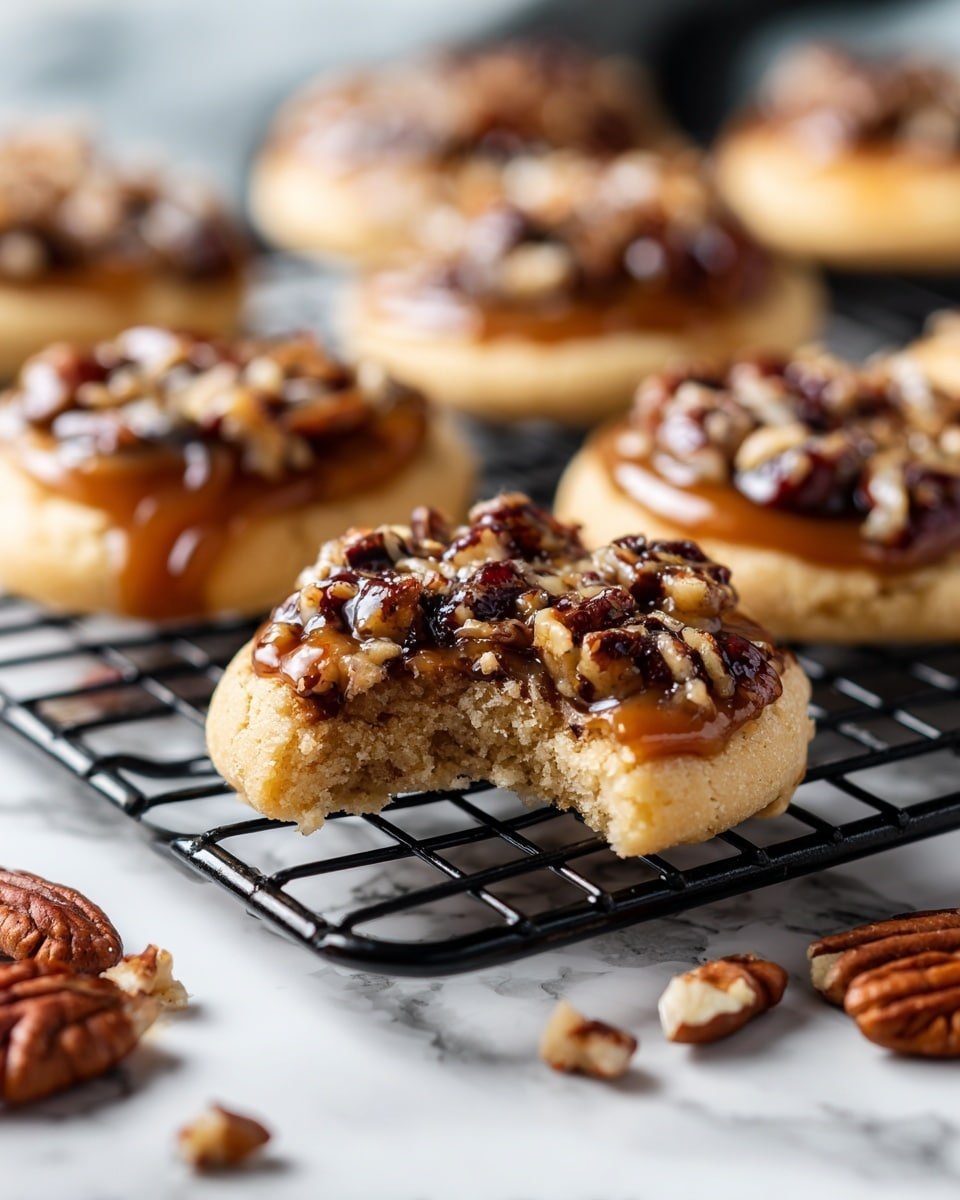 The image shows a close-up of a small round cookie with two layers: the bottom layer is a light golden, soft dough base, and the top layer is a glossy caramel spread mixed with dark and light brown chopped pecans. One cookie in the front has a bite taken from the side, revealing the soft texture inside the dough. The cookies are placed on a black cooling rack with some whole pecans scattered around on a white marbled surface. The background is softly blurred, focusing on the front cookie. photo taken with an iphone --ar 4:5 --v 7 — Chewy Pecan Pie Cookies with Caramelized Filling, pecan pie cookie recipe, caramel pecan cookies, nut-filled cookie recipe, holiday cookie ideas