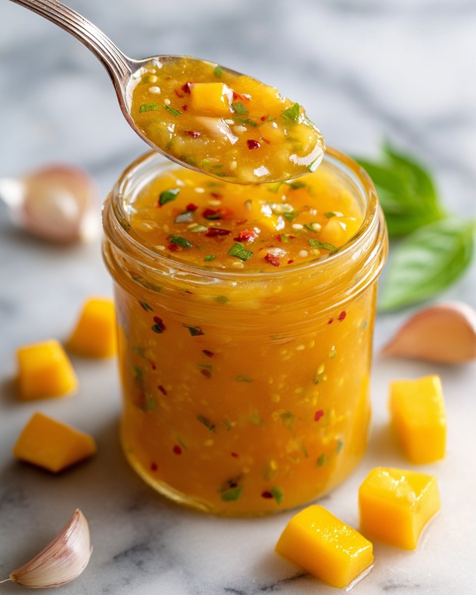 Mango Habanero Honey Garlic Sauce Recipe - Recipe Image — Mango Habanero Honey Garlic Sauce, Mango Habanero sauce, spicy garlic sauce, tropical sweet hot sauce, easy homemade hot sauce