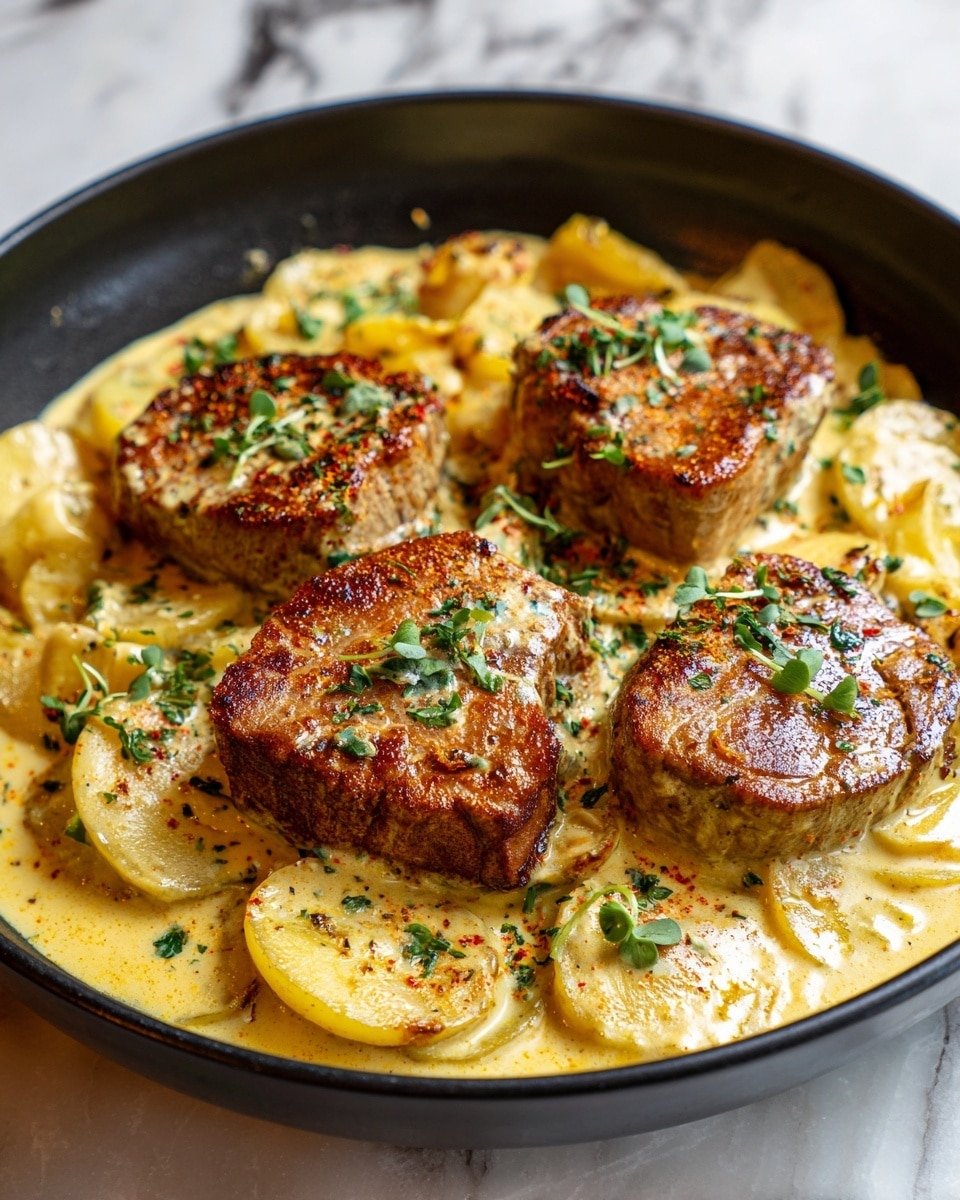 Smothered Pork Chop and Scalloped Potato Casserole Recipe - Recipe Image — Smothered Pork Chop and Scalloped Potato Casserole, pork chop casserole, scalloped potato recipe, comfort food casserole, hearty pork dinner