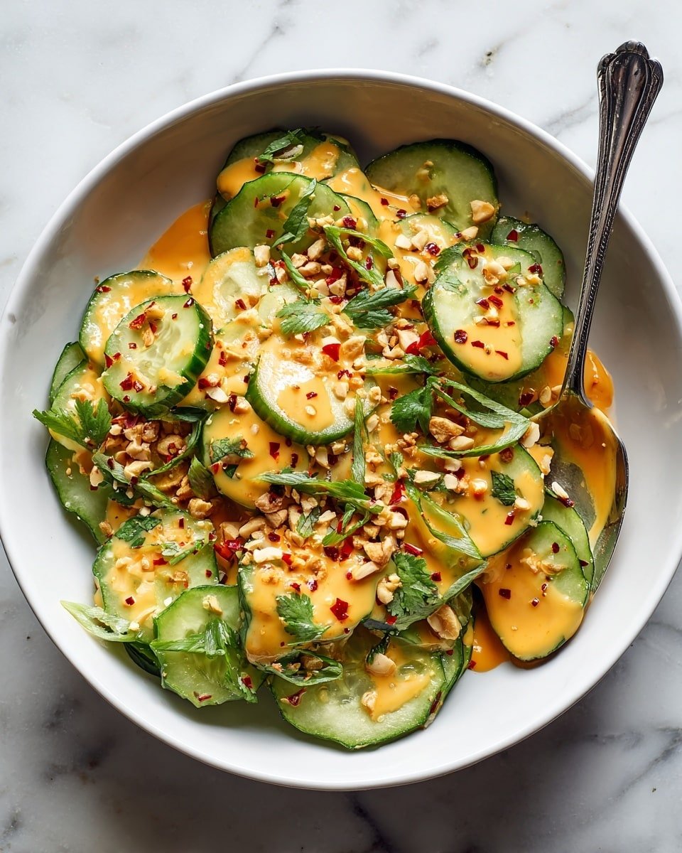 Cucumbers in Spicy Peanut Sauce Recipe - Serving Photo — Cucumbers in Spicy Peanut Sauce, spicy peanut cucumber salad, healthy cucumber side dish, easy cucumber salad recipe, crunchy refreshing cucumber dish